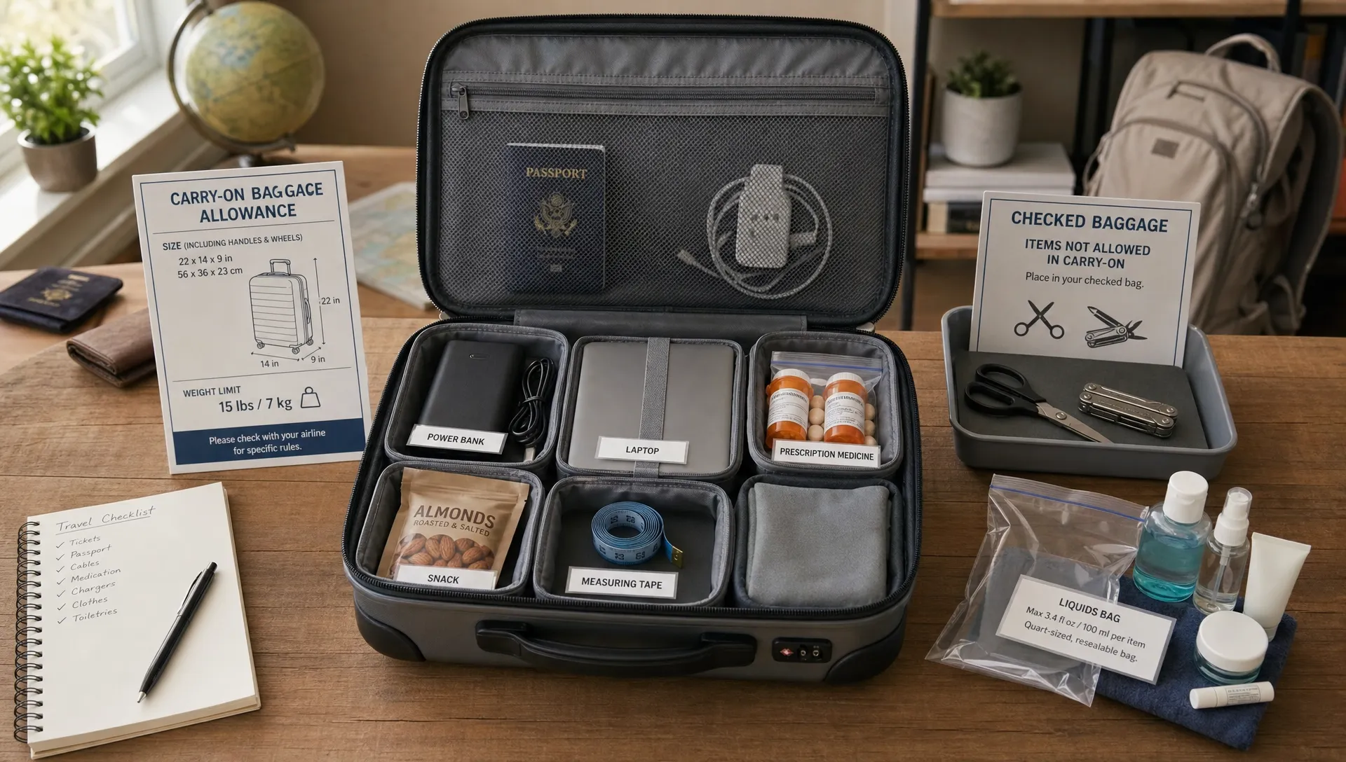 A landscape scene of a home packing area centered on an open carry-on suitcase with neatly separated travel items: a power bank, a laptop, prescription medicine, a snack pouch, a measuring tape, and a printed baggage allowance card showing size and weight limits. A pair of scissors and a small multitool sit visibly apart in a separate checked-baggage corner, while a clear liquids bag rests near toiletries on the table. The composition feels like a broad hand-luggage rules overview rather than a liquids-only packing scene, with no dominant person in the frame.