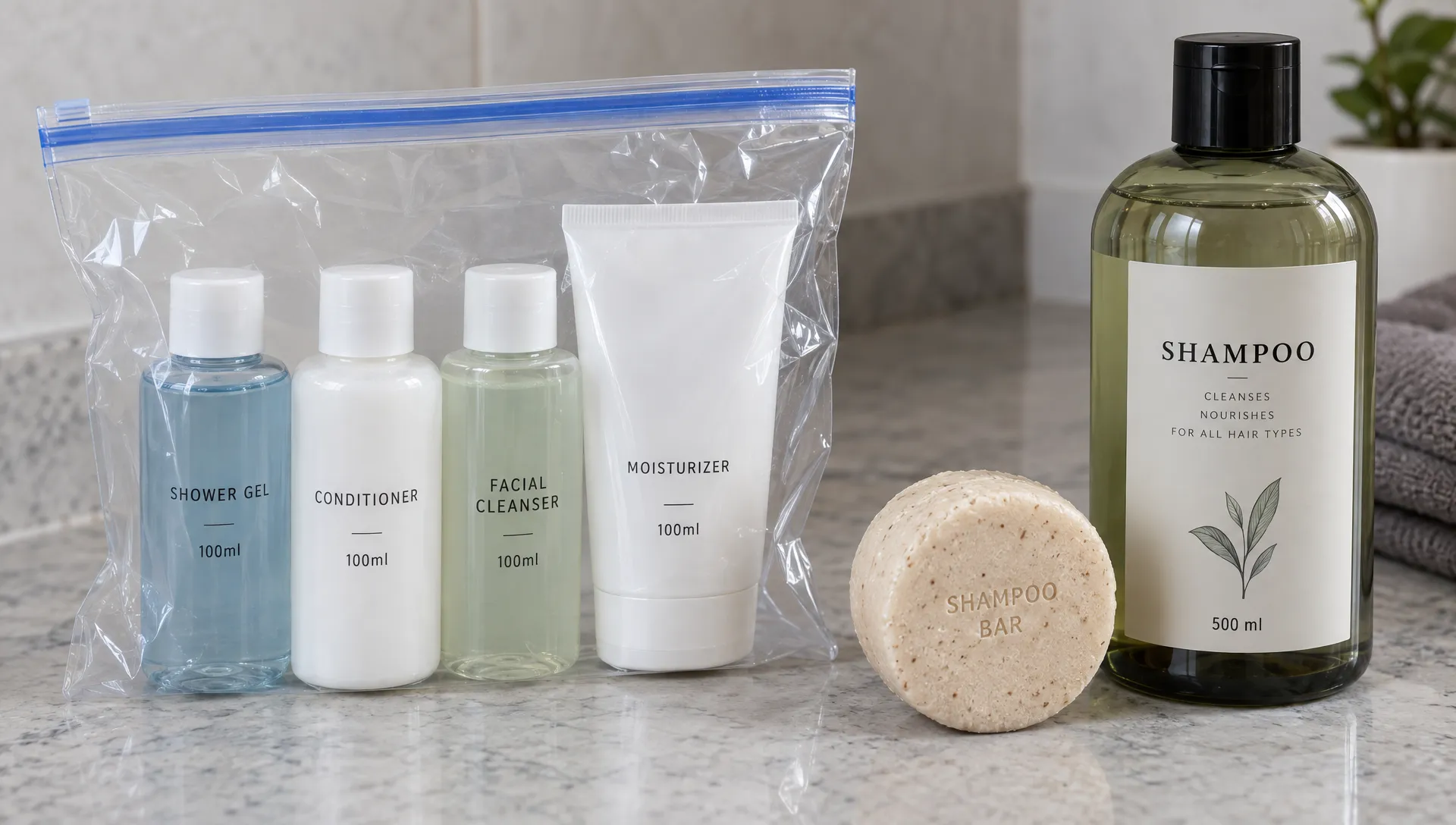 Travel-size toiletries marked 100ml sit inside a closed clear resealable bag, with a solid shampoo bar and a larger shampoo bottle beside it.