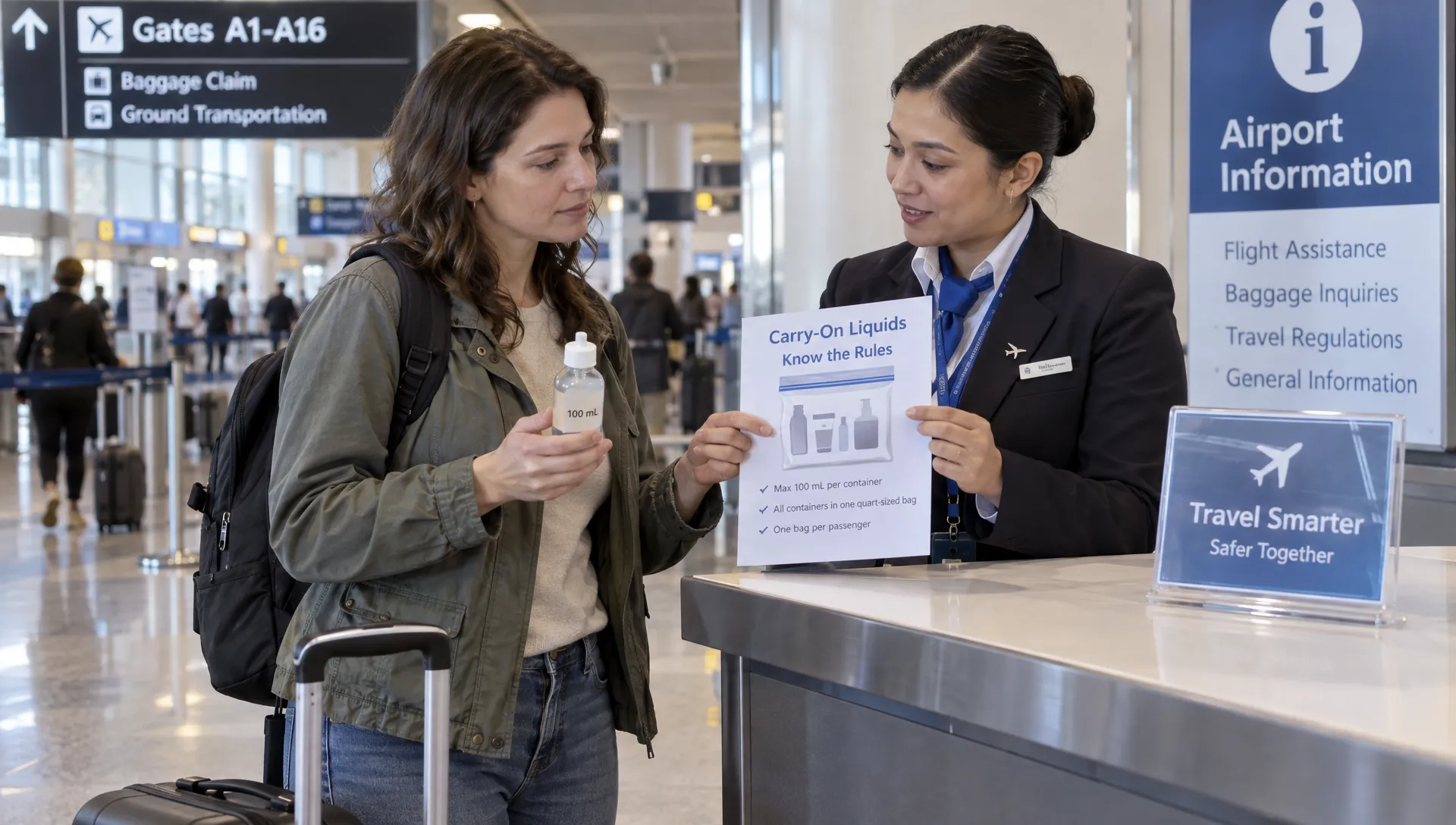 A traveler checks a toiletry bottle’s capacity with airport staff while reviewing cabin liquid rules before screening.