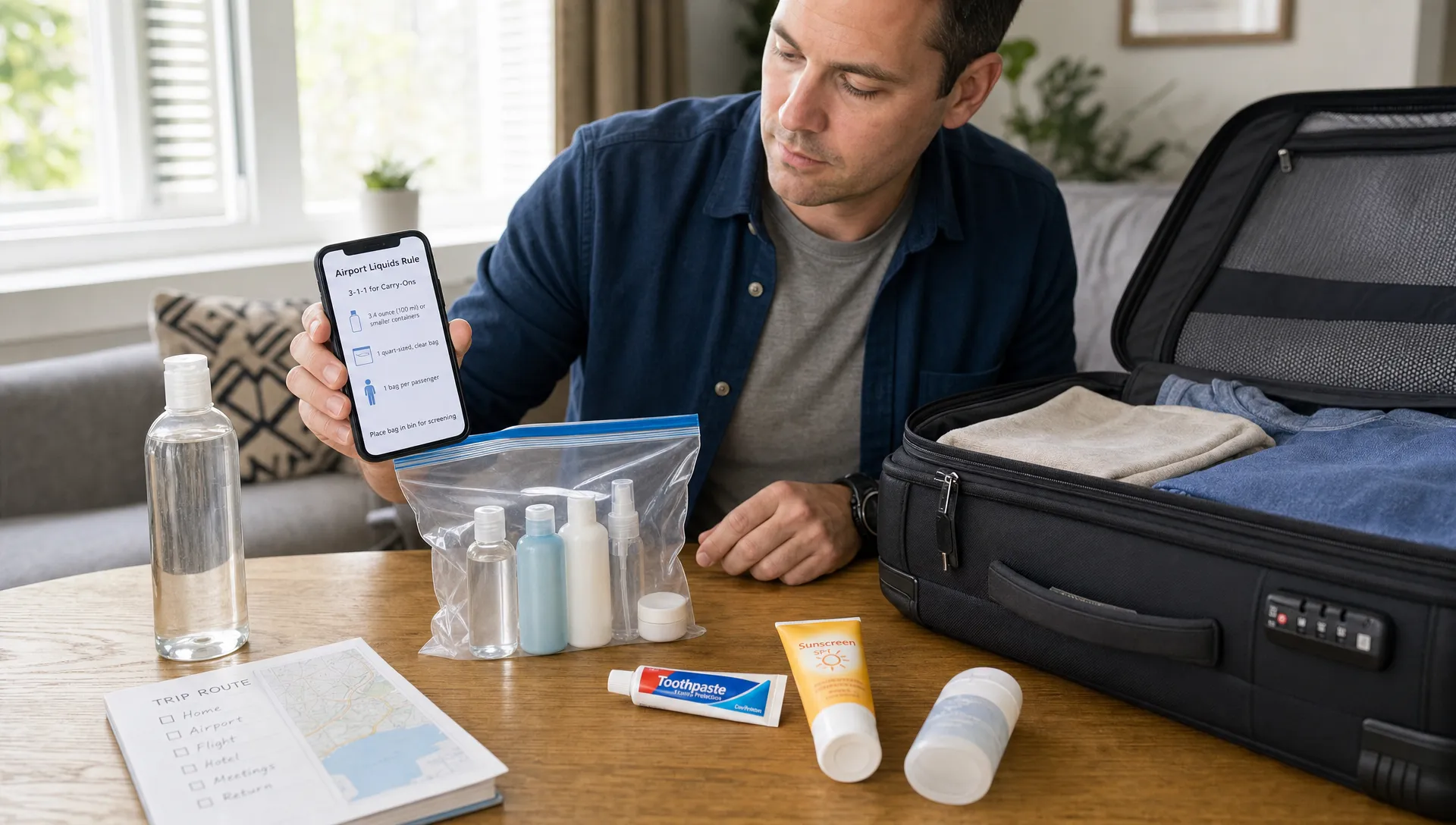An adult traveler packs a clear liquids bag beside a phone, a carry-on, and travel-size toiletries before a trip.