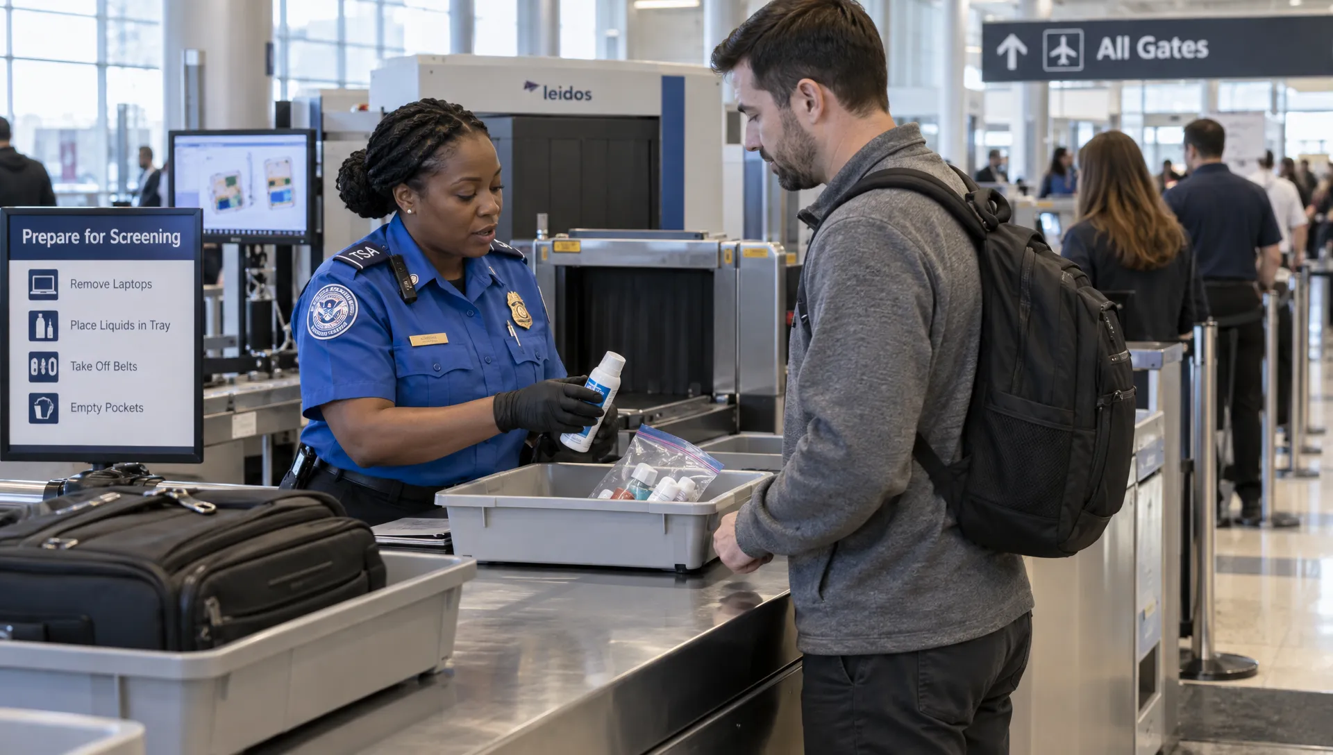Airport security staff inspect a tray of toiletries as a traveler passes through screening with carry-on luggage.