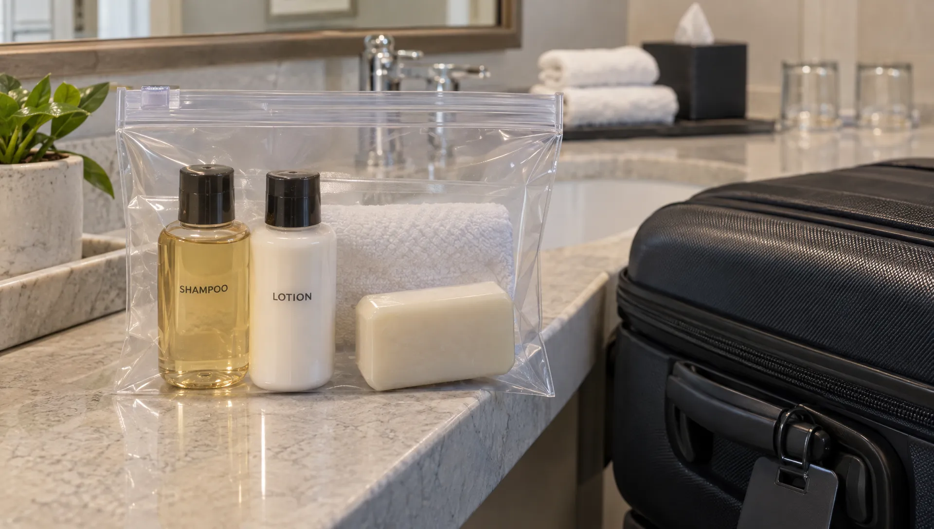 Small shampoo and lotion bottles sit inside a transparent resealable bag beside a solid soap bar on a hotel bathroom counter, with a closed suitcase nearby.