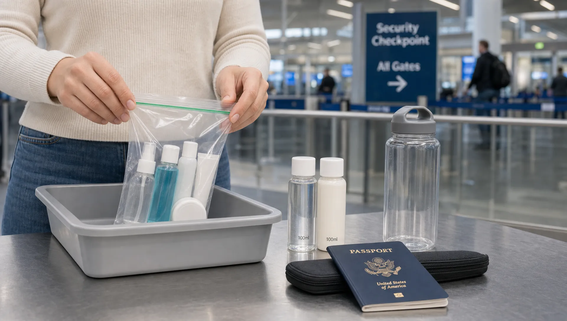 Traveler checking cabin liquids in a clear resealable bag beside 100ml bottles, a passport and an empty refillable water bottle before security.