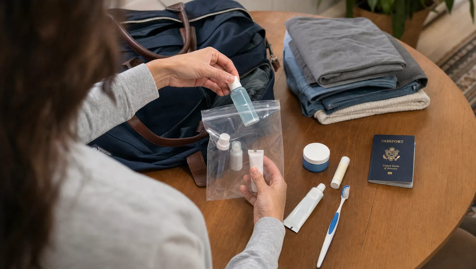 Hands pack weekend toiletries into a clear liquids bag beside a travel bag and folded clothes.