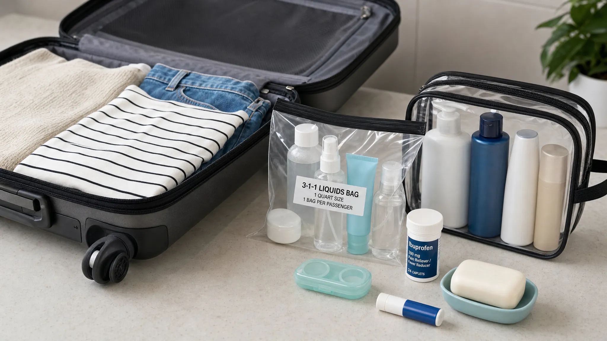 An open carry-on suitcase on a packing table with a clear resealable liquids bag, travel-size toiletries, a labeled medicine bottle, solid soap, and a separate pouch holding larger bottles for checked luggage.