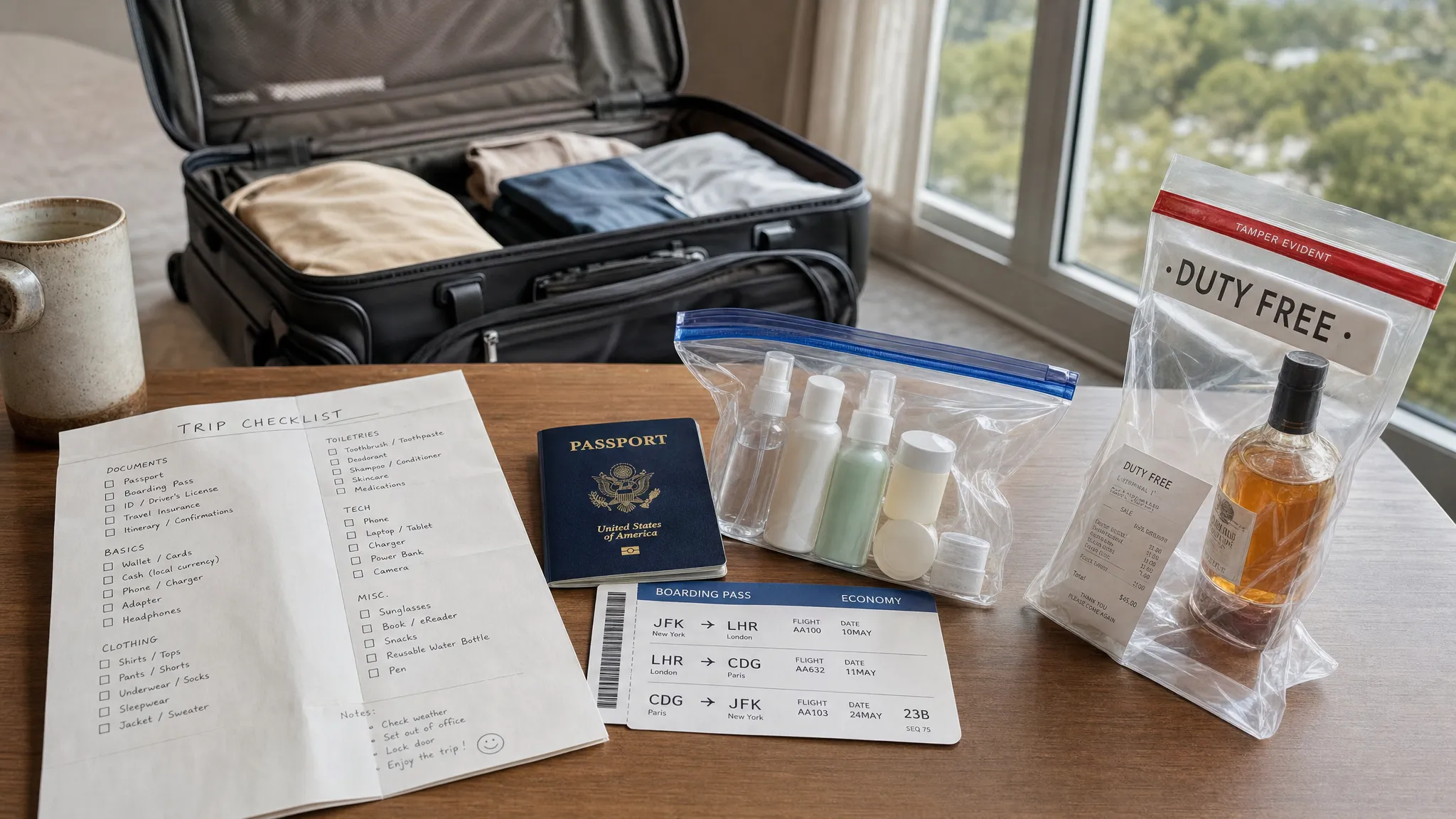 A landscape trip-planning scene on a table with a folded route checklist, a passport, a boarding pass, a clear resealable liquids bag with small travel bottles, and a separate duty-free bag with a sealed bottle and receipt. In the background, a suitcase stands open beside a window, suggesting a flight itinerary with a connection and return leg rather than a single departure. No screens or airport signage are visible.