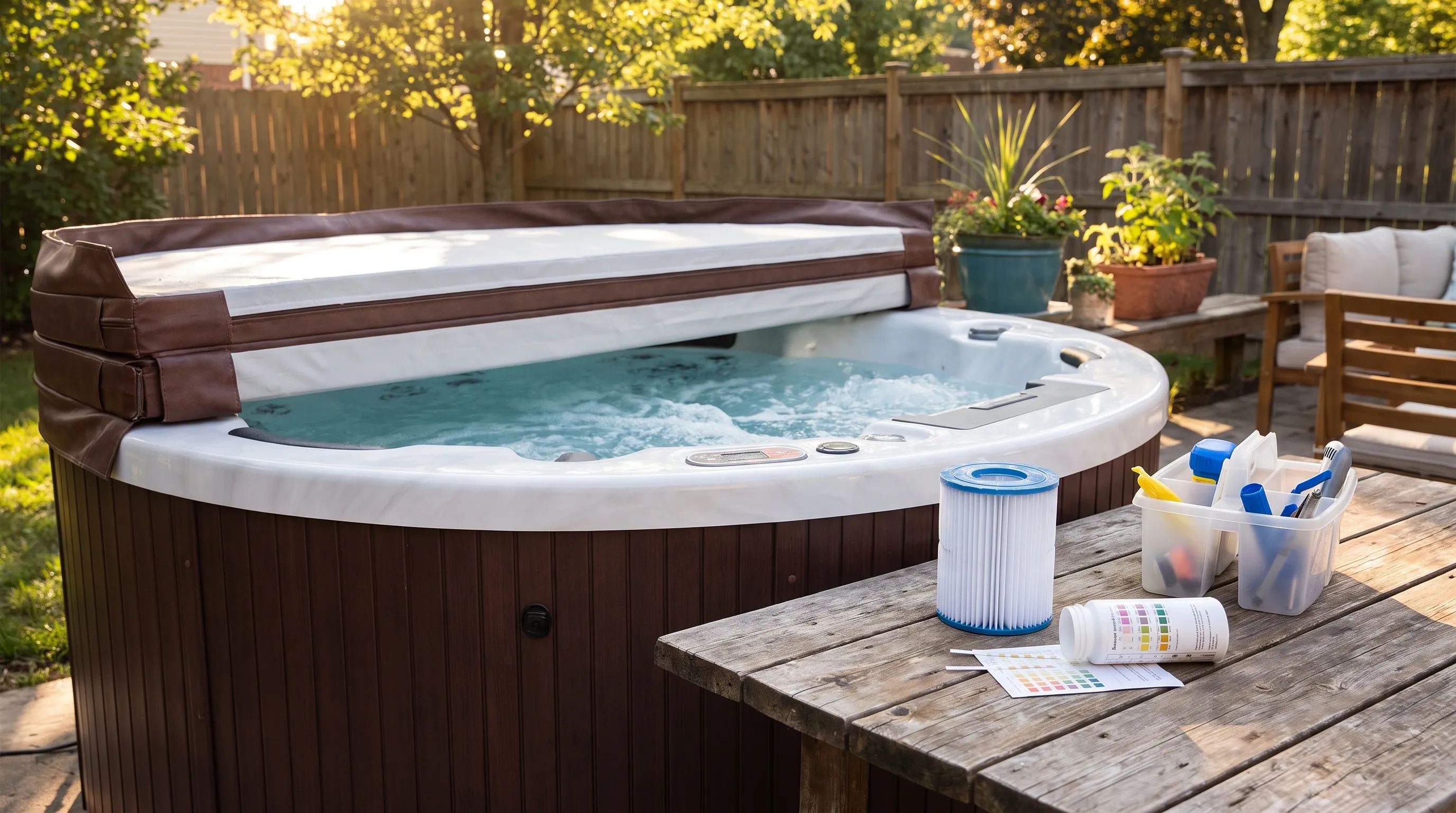 A backyard hot tub with the cover folded back, a filter cartridge, water testing strips and a small maintenance caddy arranged neatly on a nearby table.