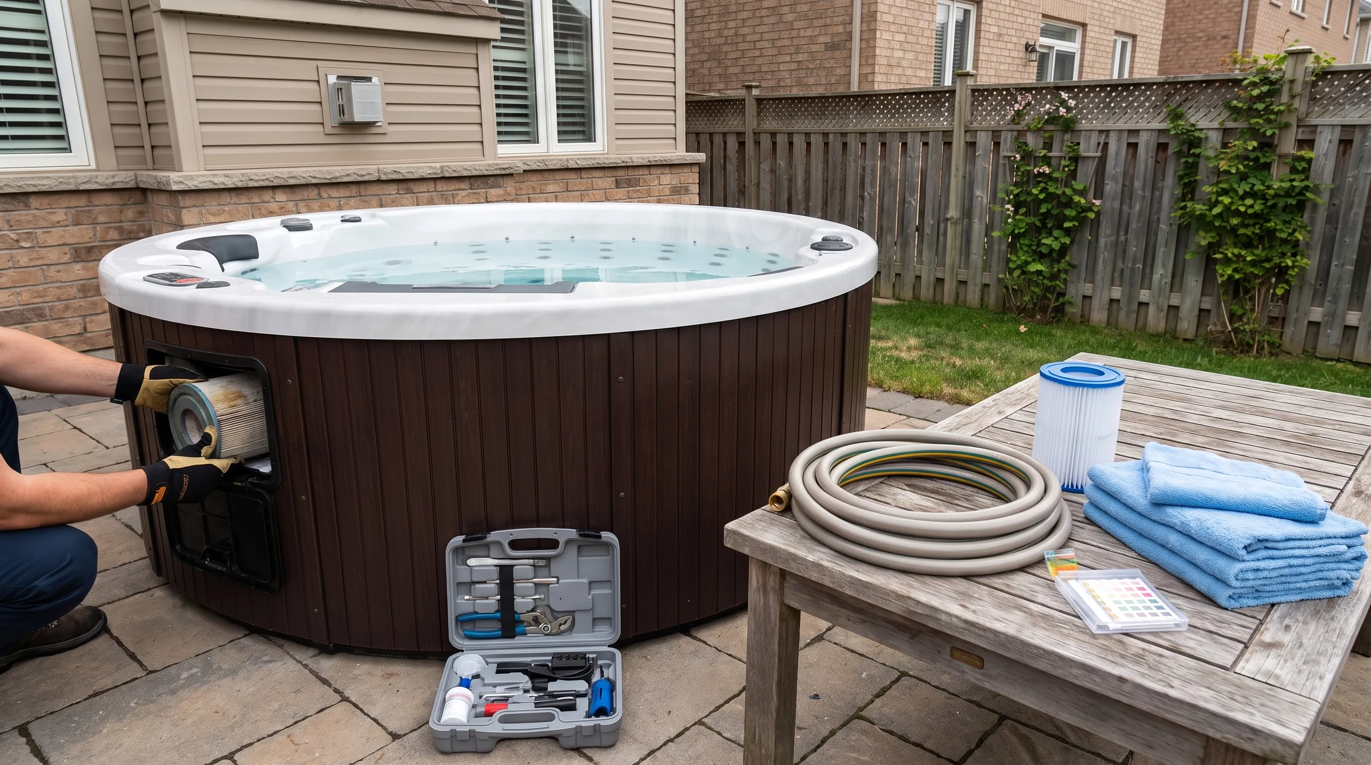 A backyard hot tub with the cover open, a technician checking the filter area, and maintenance tools arranged on the patio.