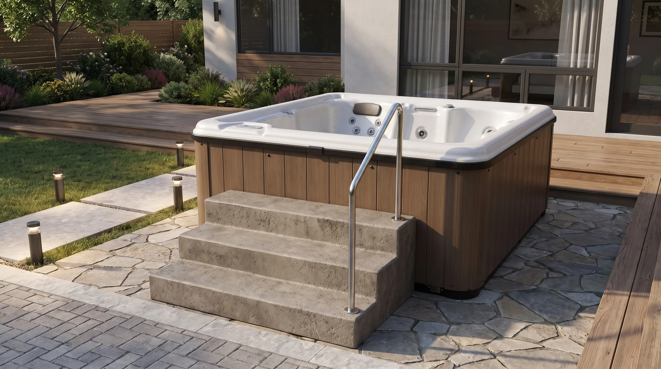 Backyard hot tub for seniors with entry steps, a handrail, and a clear walkway.
