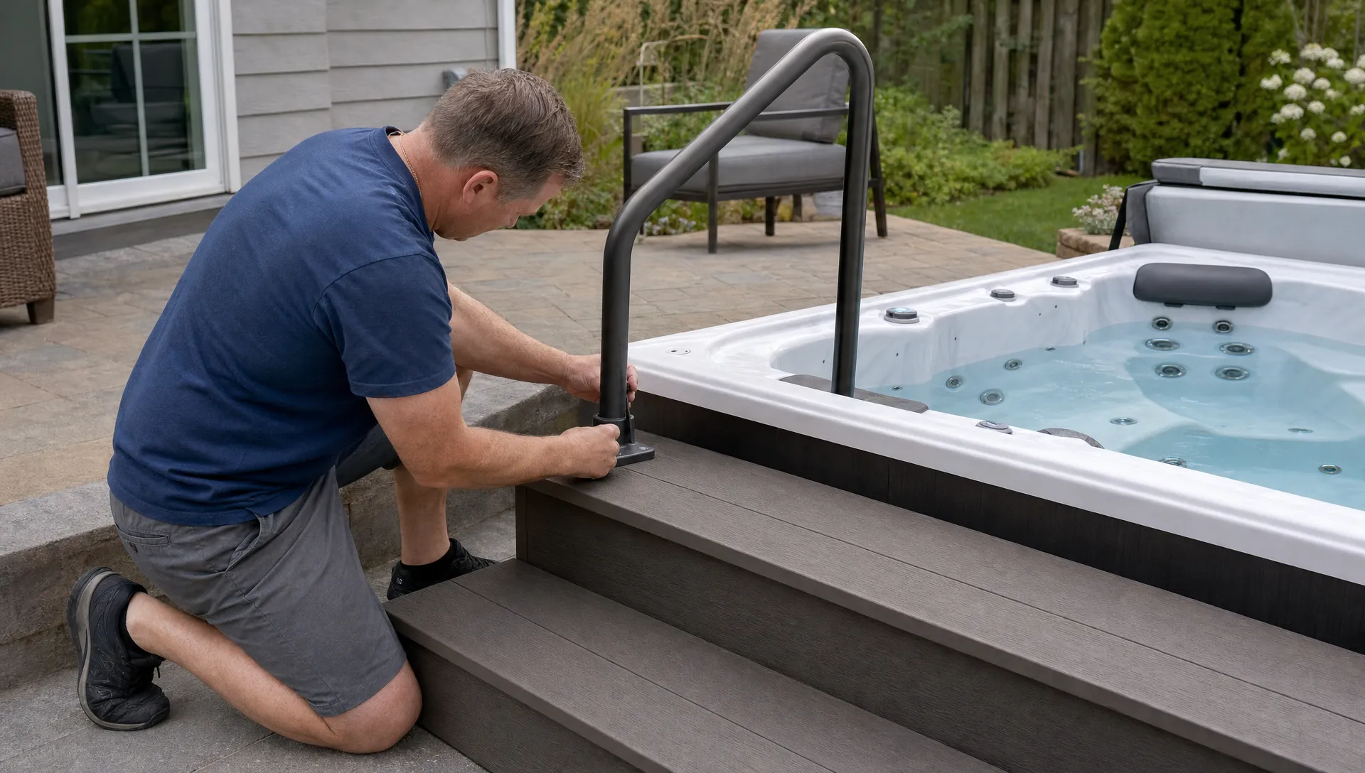 An adult adjusts a hot tub handrail beside the steps in a backyard setting.