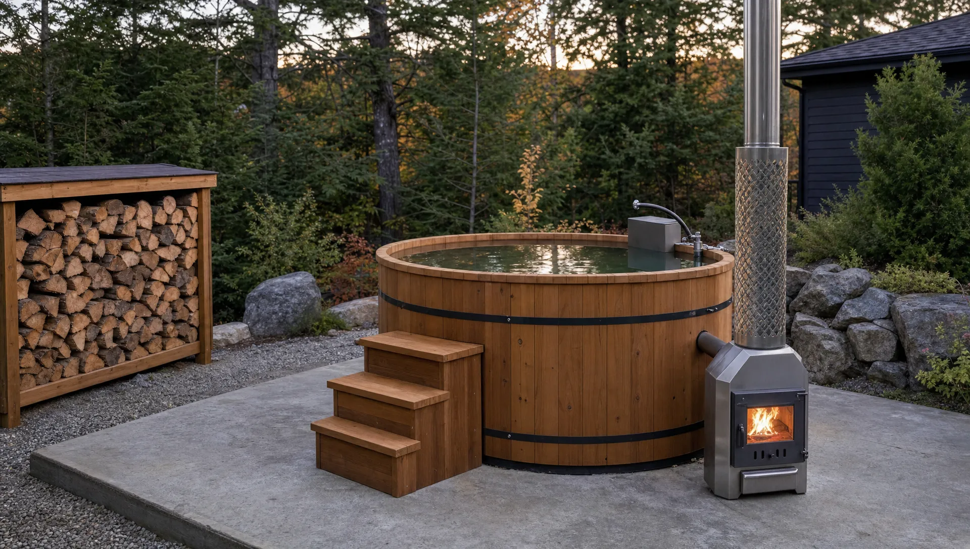 A backyard wood burning hot tub installation with a round wood-clad soaking tub, an external stove and chimney, a stable base, and firewood stored safely away from heat.