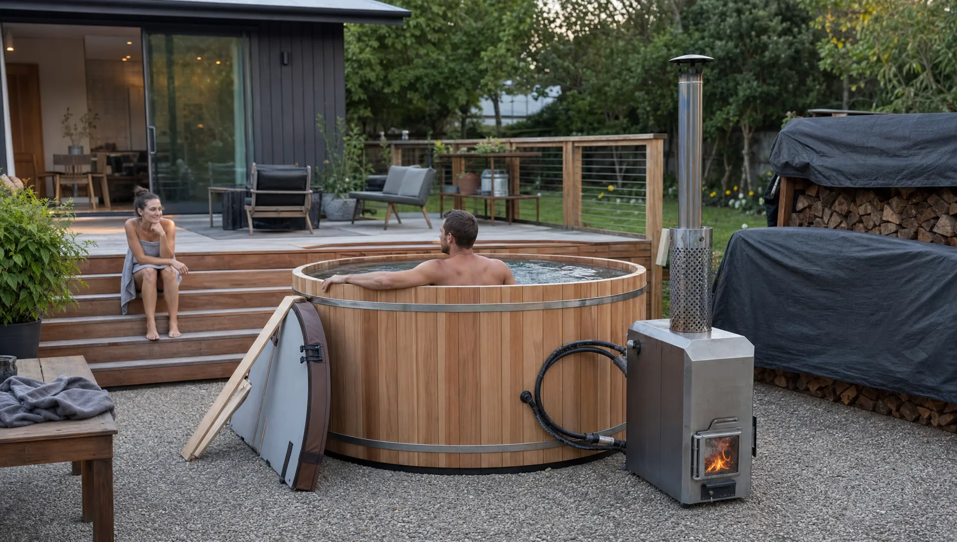 A wood burning hot tub with towels, a cover, and firewood creates an everyday backyard retreat.