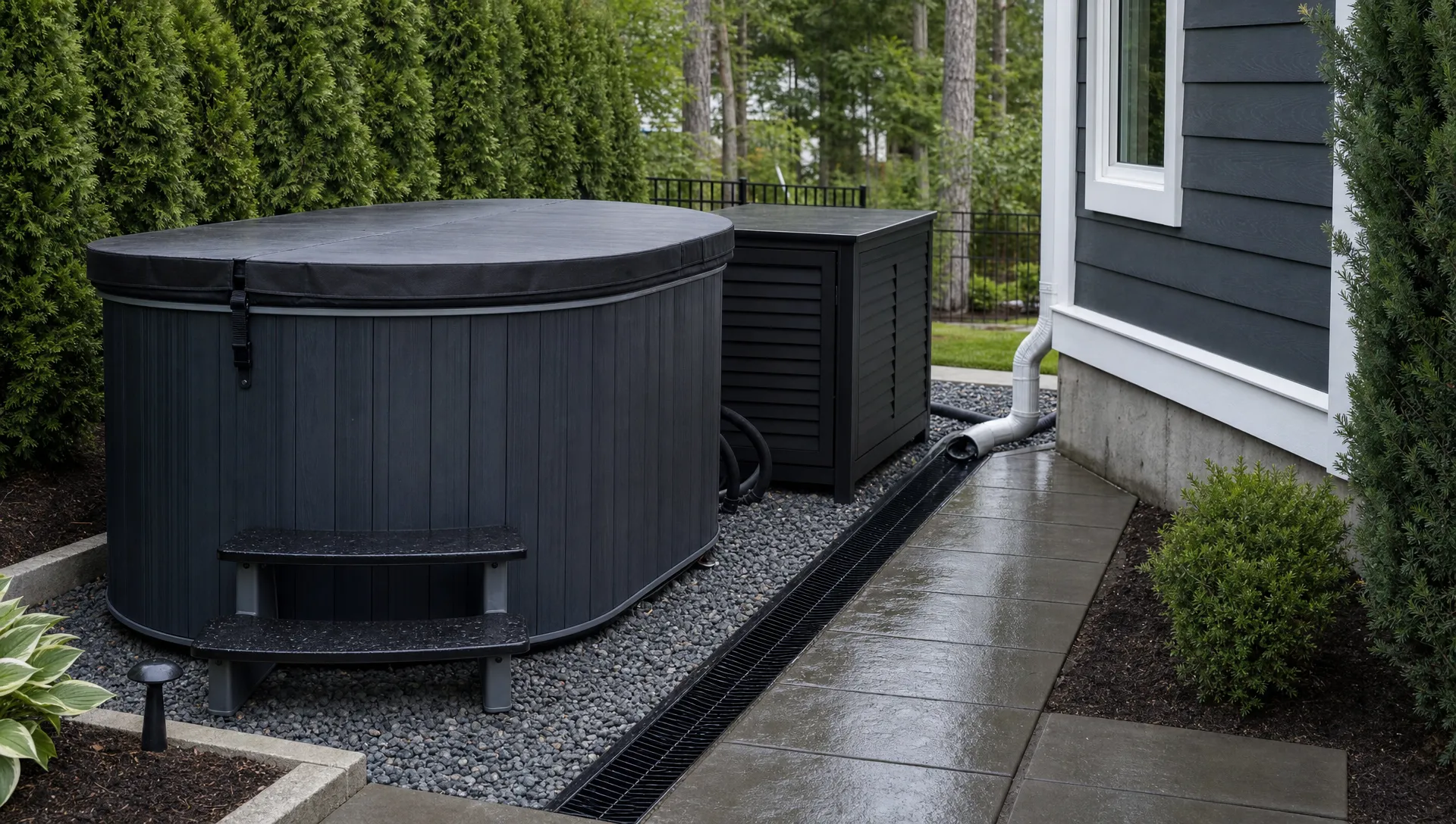 An outdoor cold plunge tub beside a home shows a secured cover, nearby equipment housing, a clear walkway, and drainage routed away from foot traffic.