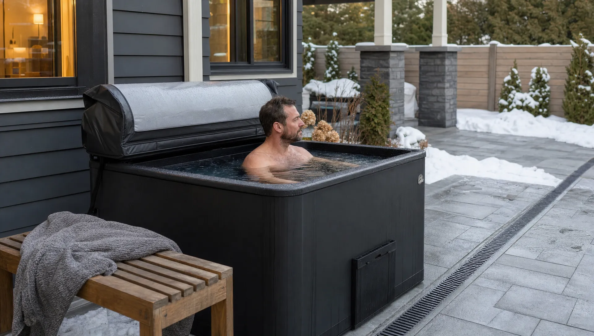 A cold plunge tub in a backyard sits ready for daily use near a bench, towel, and drainage path.