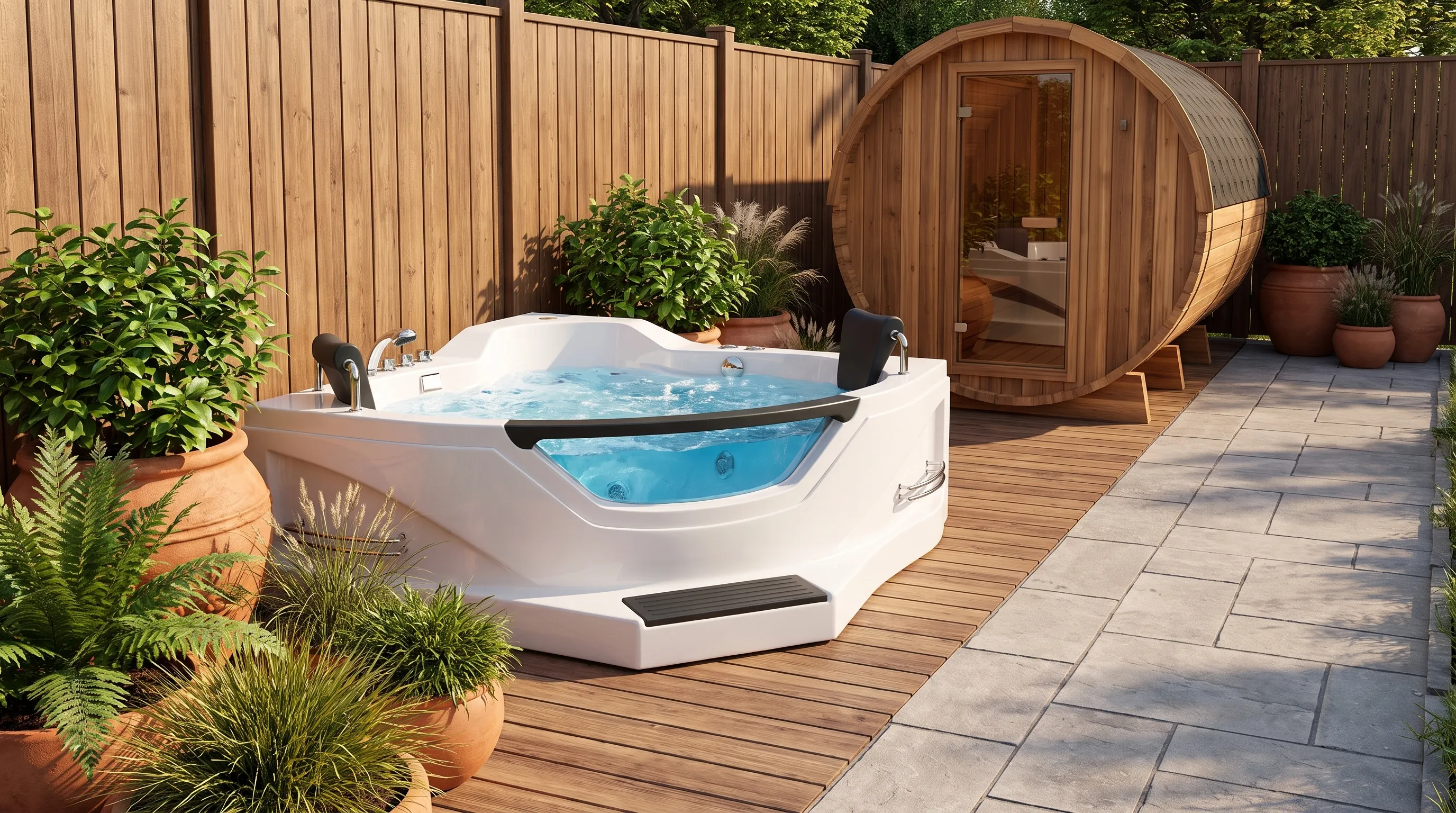 A compact hot tub sits on a patio near a small sauna, with planters, privacy fencing and open space for walking.