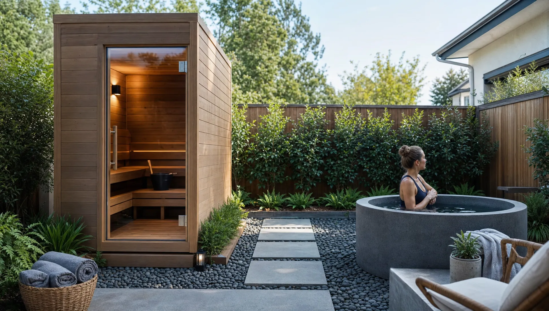 A backyard wellness zone pairs a sauna cabin with a cold plunge tub along a stepping-stone path.