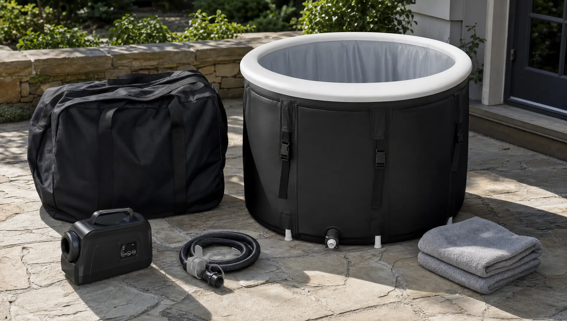 An empty inflatable cold plunge ready for car travel, with its carry bag, pump, drain hose, and folded towels arranged on a ground-level patio.