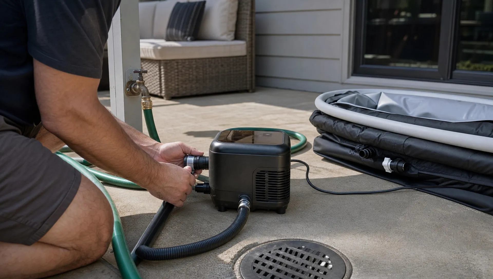 Hands connecting a portable cold plunge hose and pump on a patio before filling it.