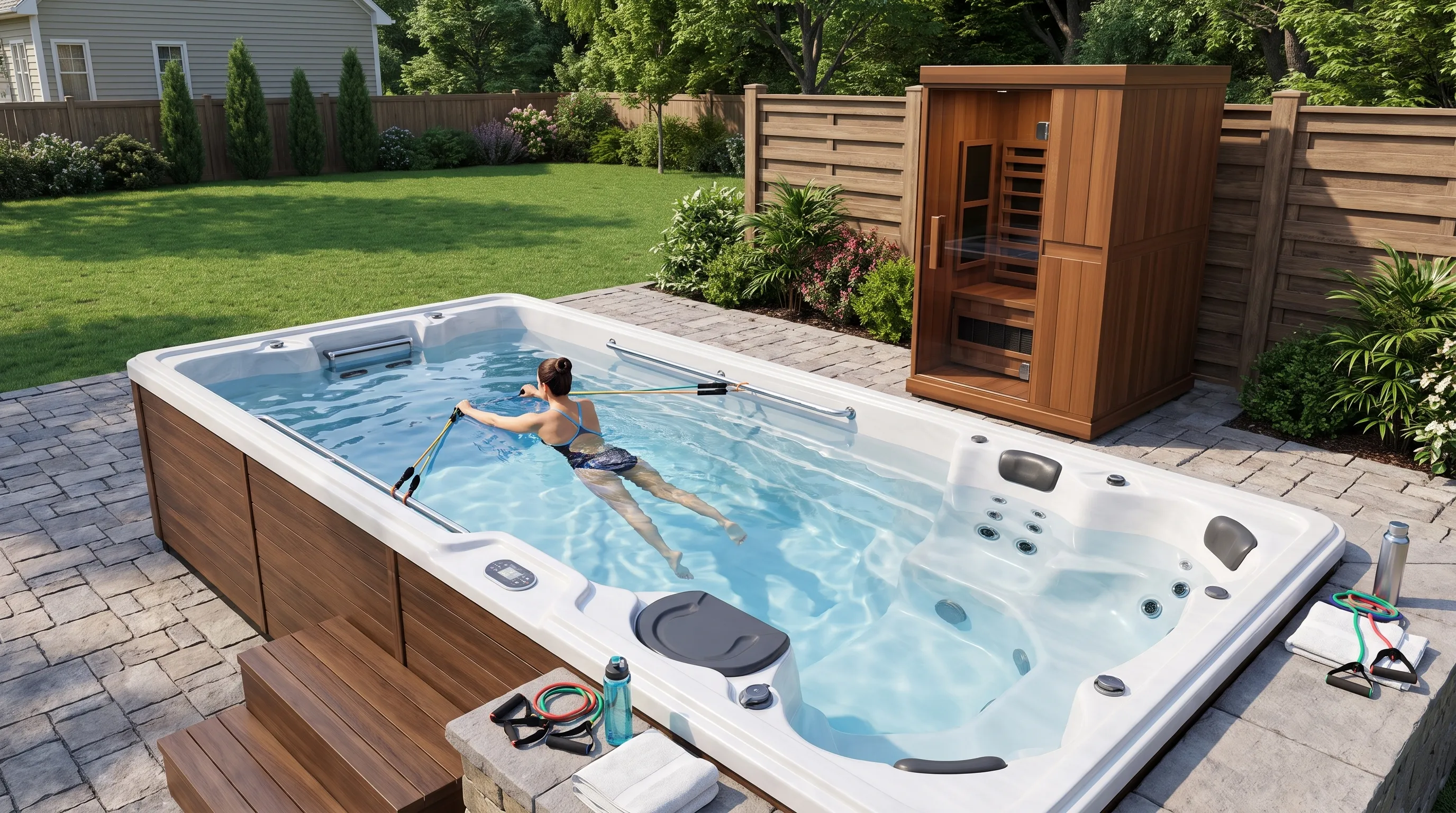 A backyard swim spa set into a clean patio area, with a person performing a low-impact water exercise in the open swim lane while resistance bands, steps and seating areas are visible around the spa.