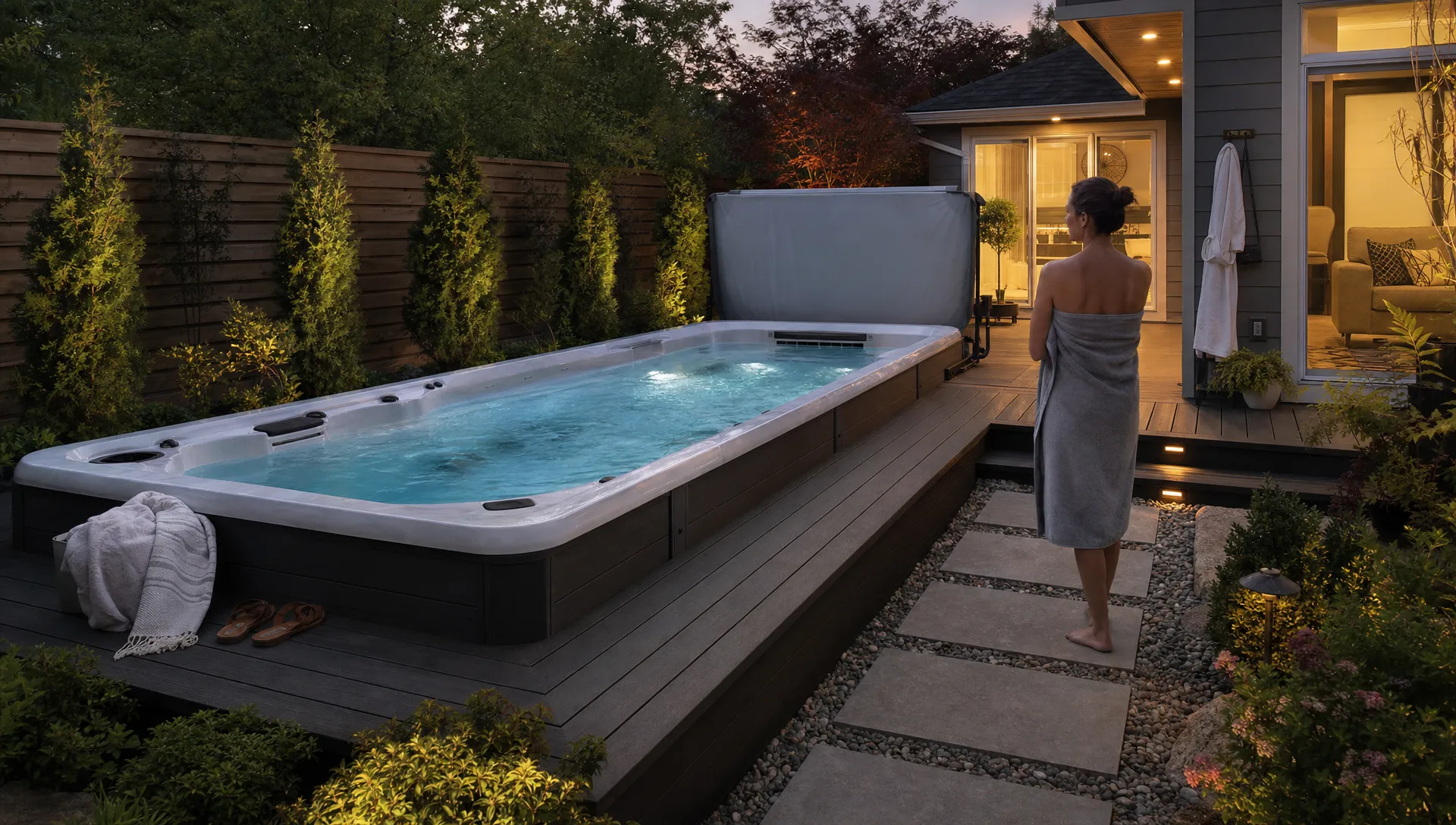 A swim spa anchors a quiet backyard cooldown scene with towels and sandals on the deck.