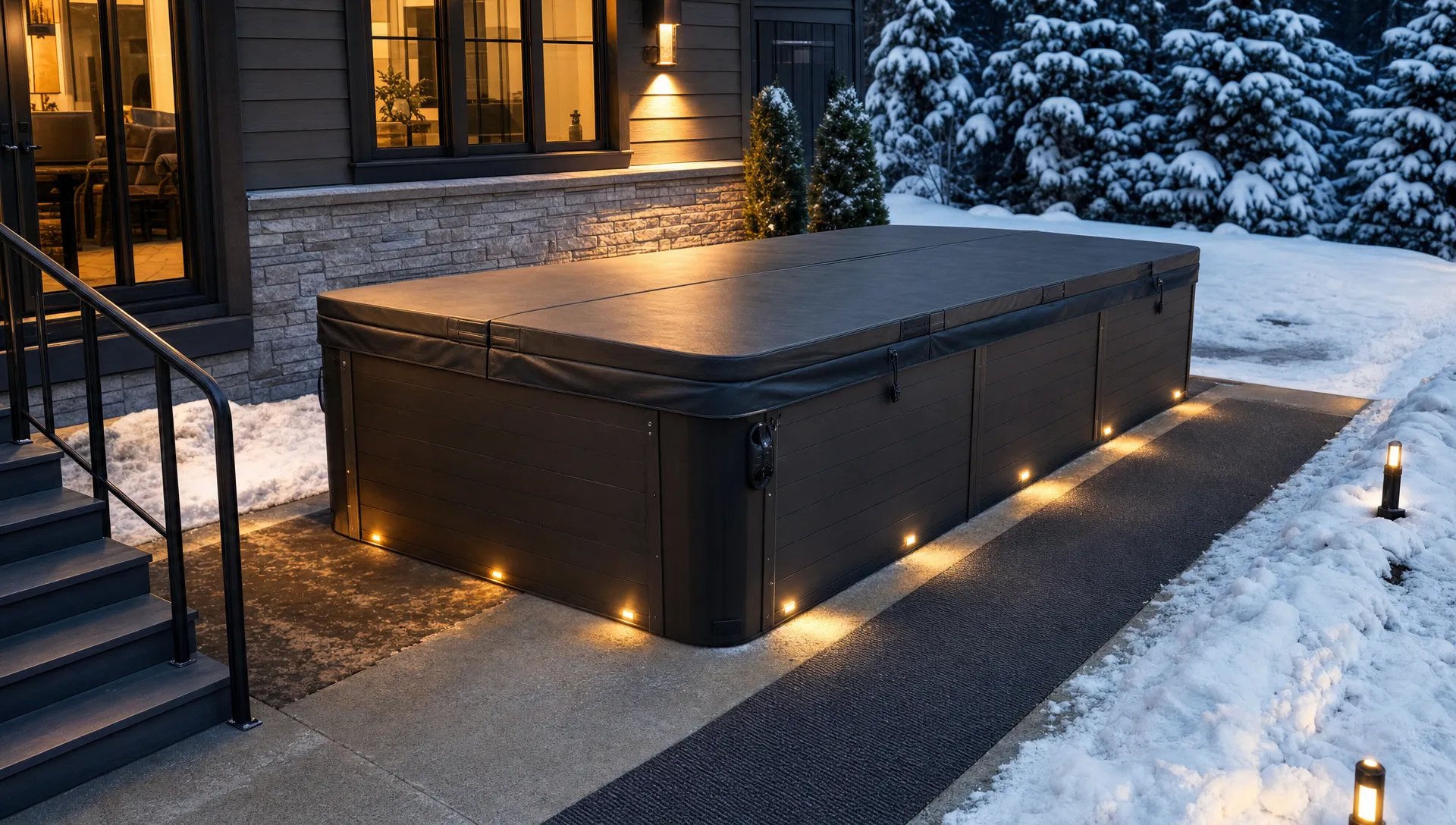 An outdoor swim spa beside a home in winter, with a secured cover, slip-resistant access path, lighting, and clear space around the cabinet for maintenance.