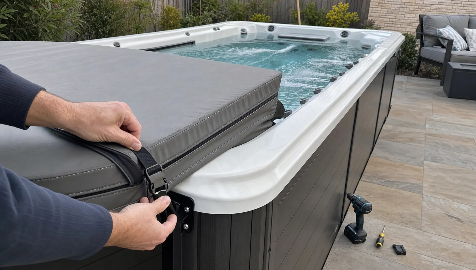 Hands secure an outdoor swim spa cover in a backyard while the spa remains installed and ready for year-round use.