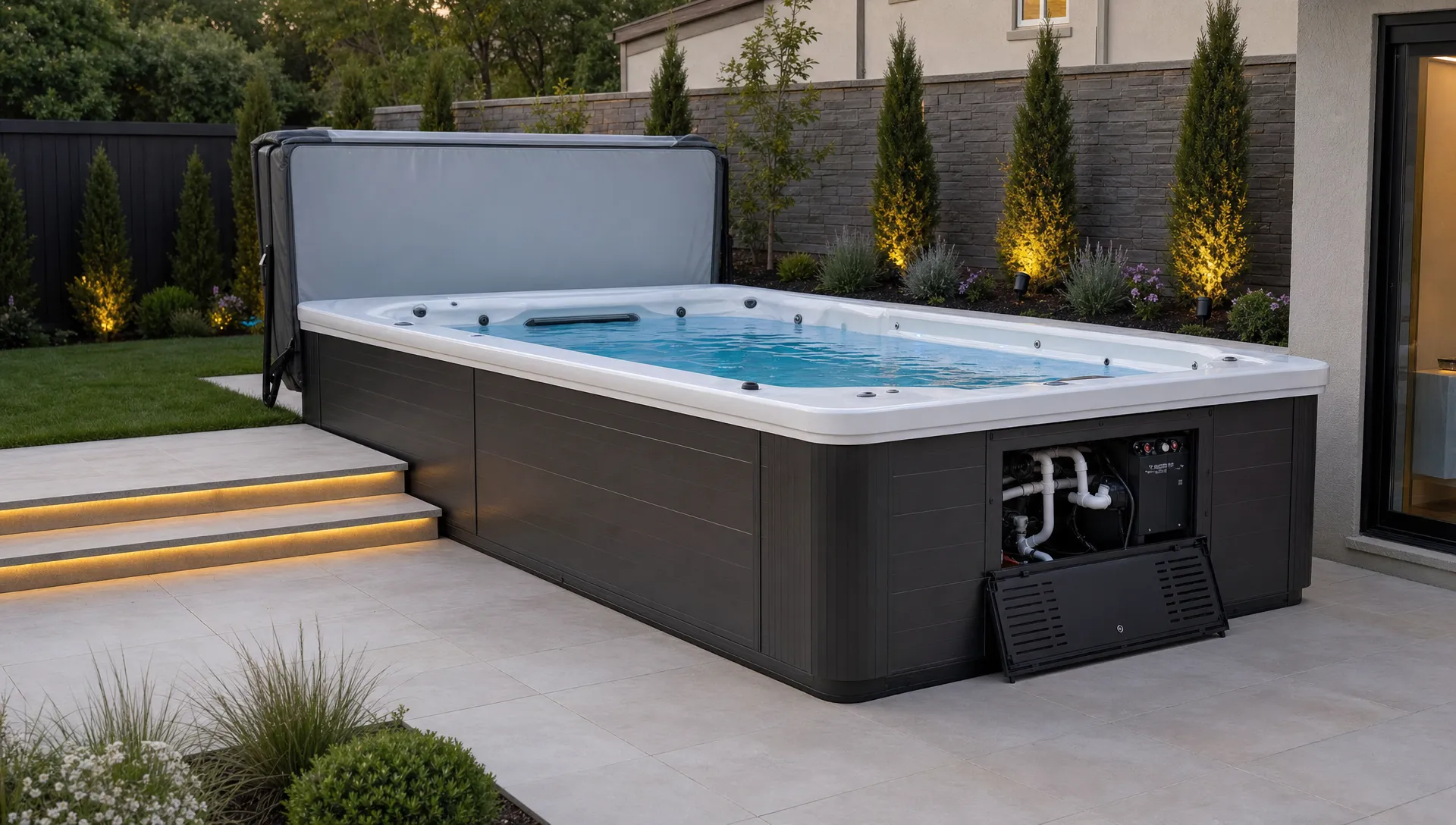 A backyard swim spa sits on a clean patio with steps, a folded cover, an open equipment panel and room around it for service access.