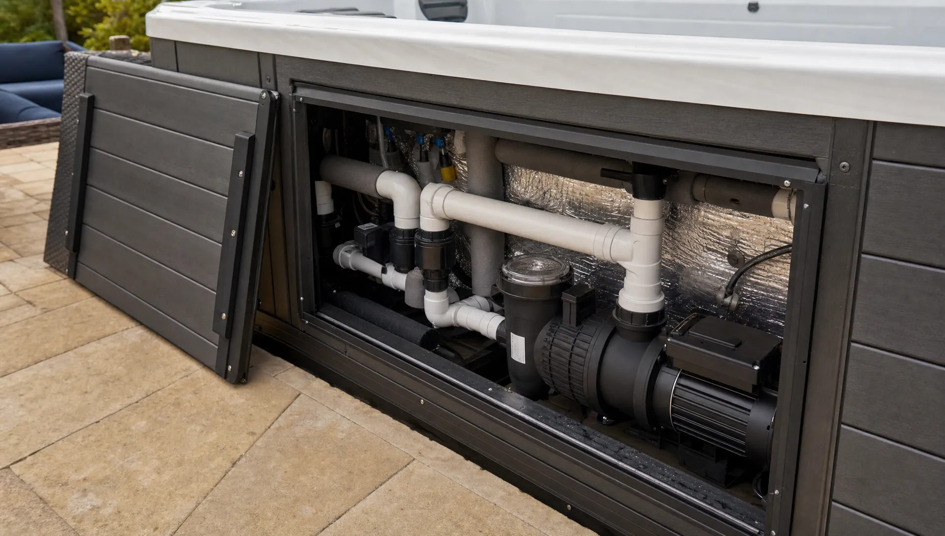 The open equipment bay of a swim spa shows pumps, plumbing and service access beside a patio.