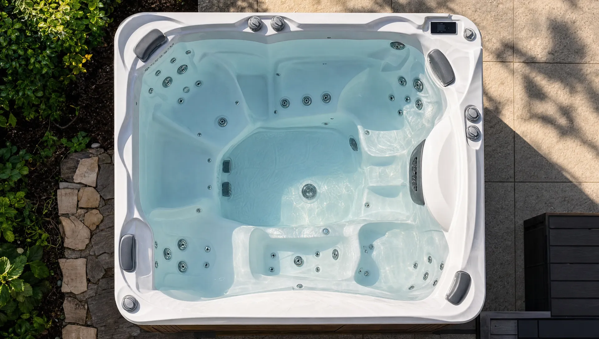 An overhead view of a filled hot tub shows jet placement along upright seats and a lounger, with rim controls and open footwell space.