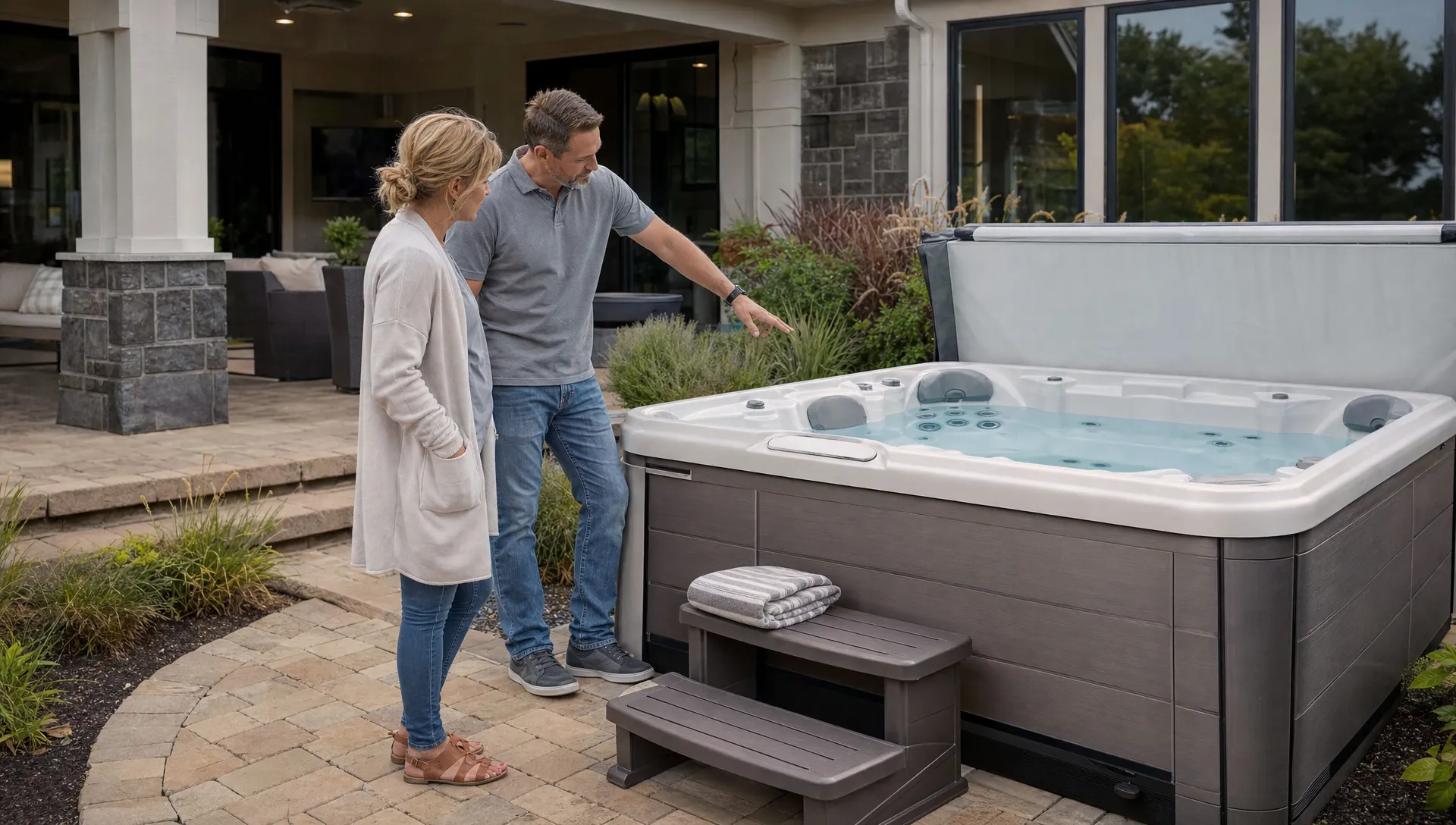 Two adults stand beside an open hot tub and discuss the seats and jet layout in a backyard.
