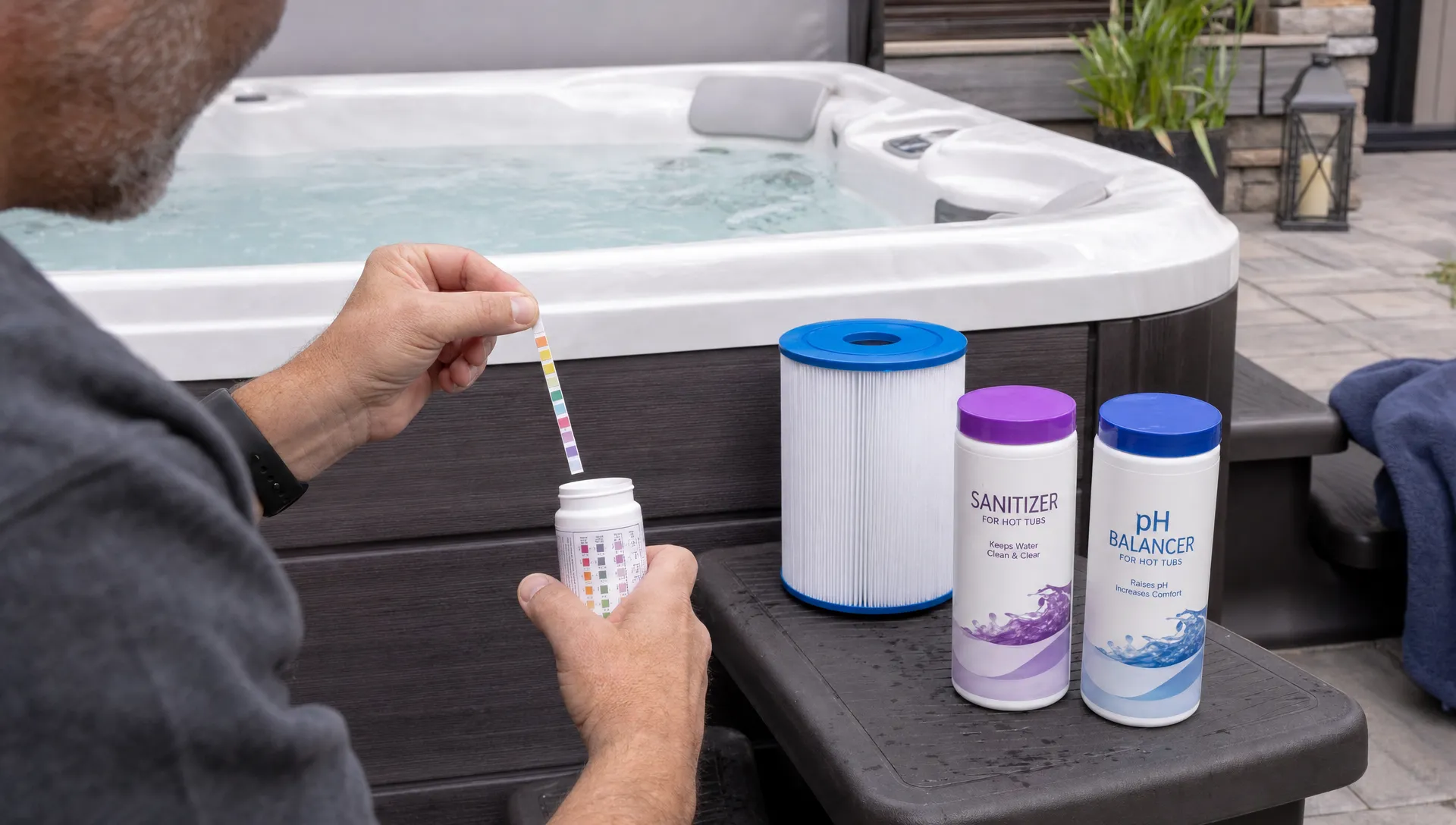 A homeowner tests hot tub water with a strip beside sanitizer, pH balancer, and a filter cartridge on a spa patio.