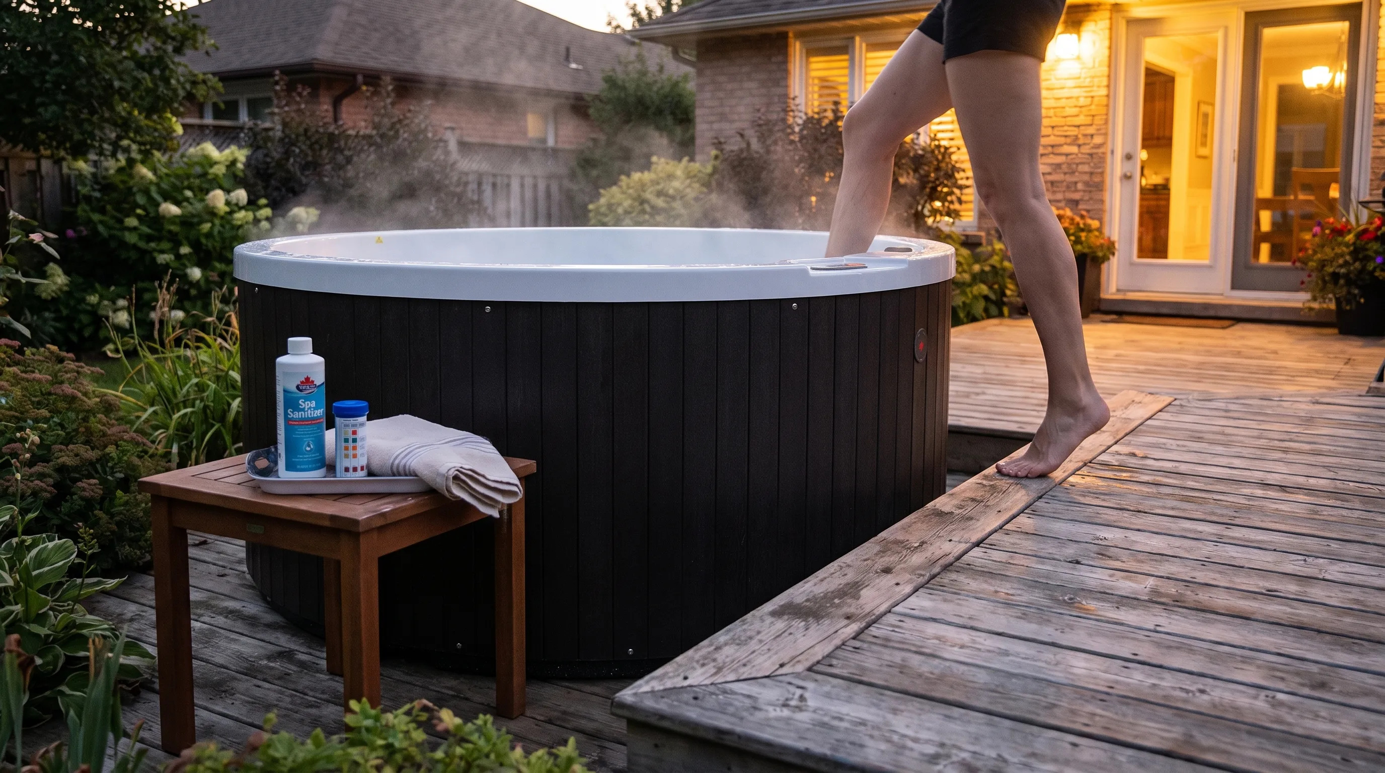 A portable hot tub in a backyard sits ready for routine sanitizer care after use.