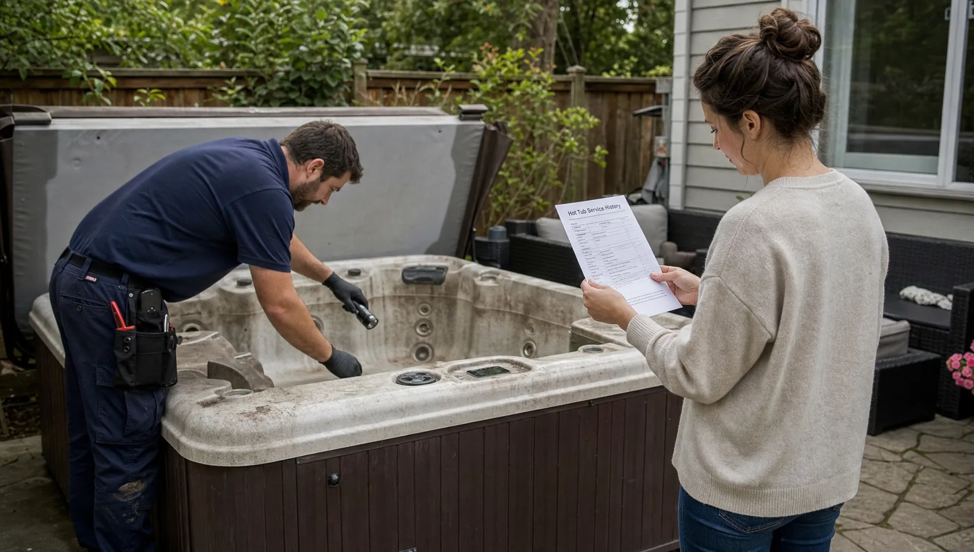 A technician inspects a used hot tub in a backyard while a homeowner reviews its service history nearby.