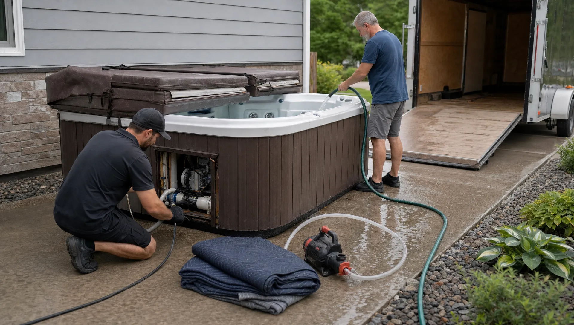 A spa mover and homeowner prepare a pre-owned hot tub for transport in a driveway.