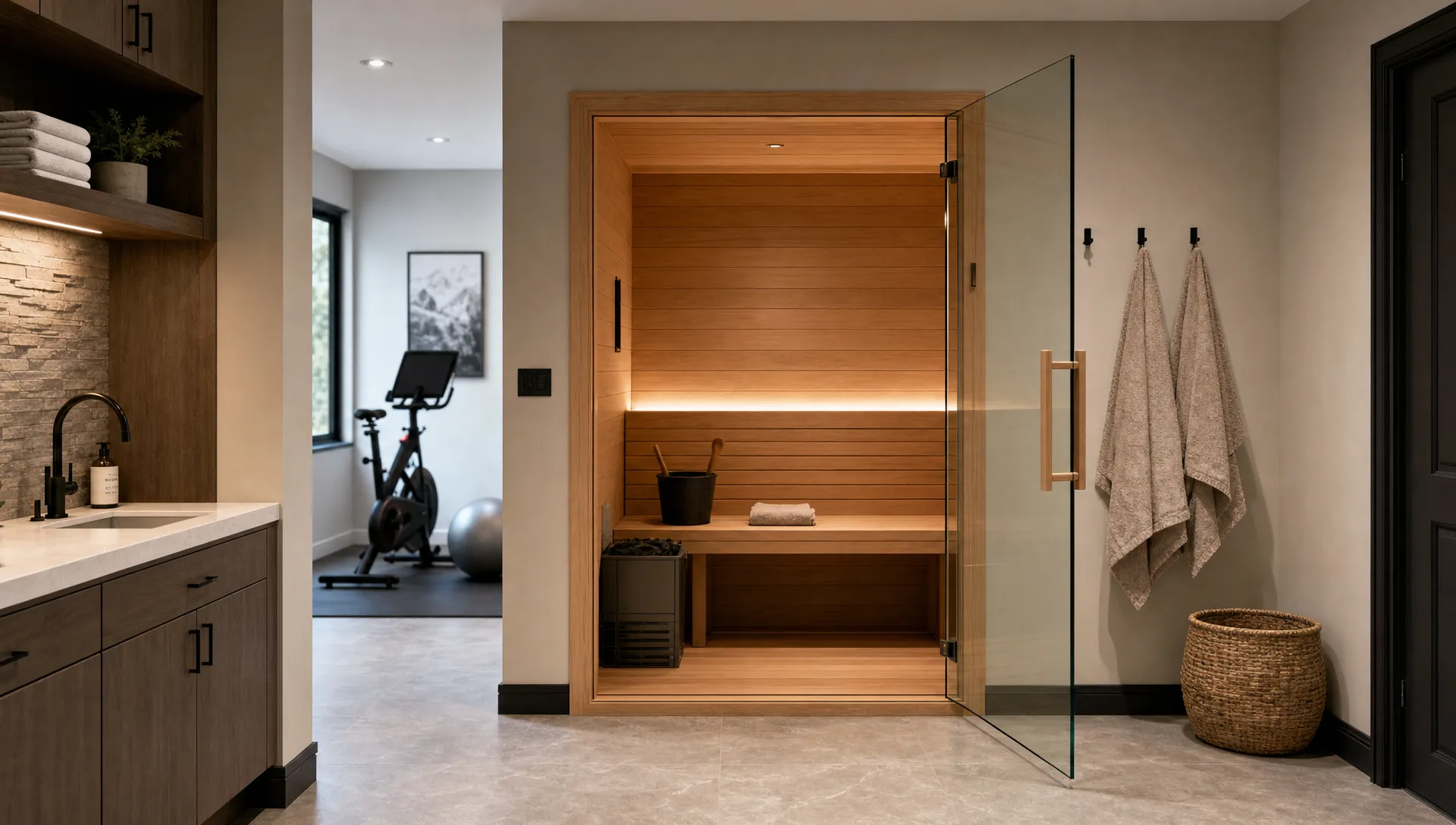 A compact sauna room sits along a back wall with its glass door open, a straight bench inside, and clear floor space outside.