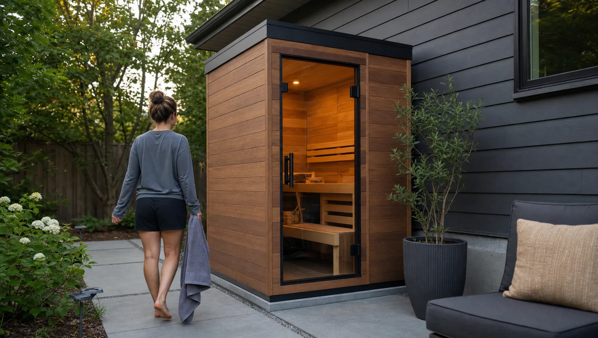 A compact outdoor sauna room sits along a backyard patio edge beside a clear access path.
