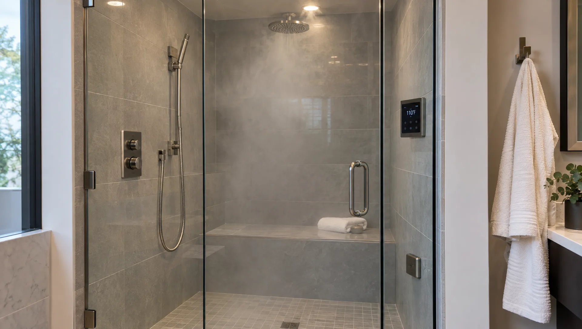 A glass-enclosed residential steam shower with a built-in bench and accessible controls, showing the equipment a homeowner should assess before choosing a system.