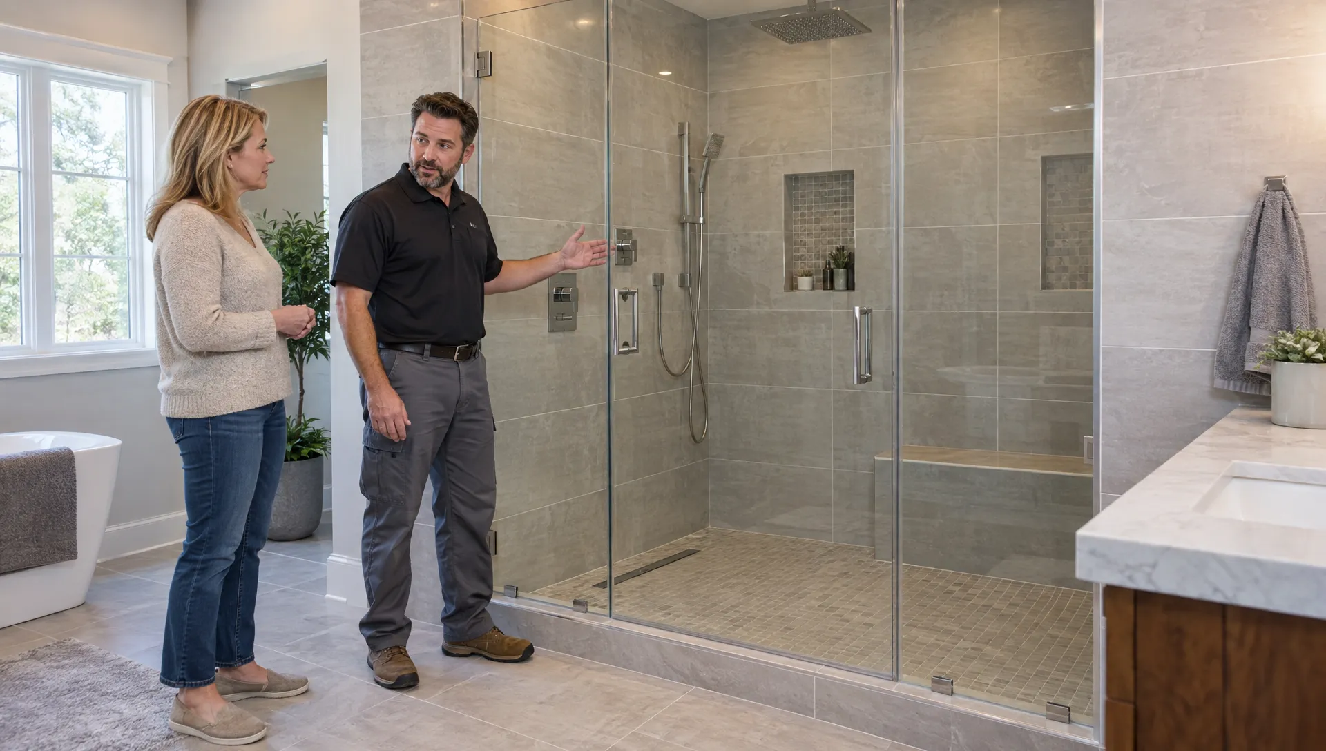 A homeowner and bathroom professional discuss the bench and controls beside a residential steam shower.