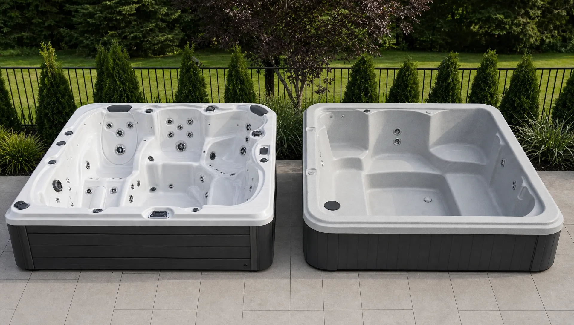 An empty acrylic spa with contoured seating stands beside an empty rotomolded spa with simpler molded seats, making their surfaces and layouts easy to compare.