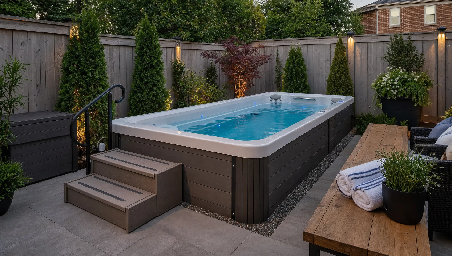 A compact swim spa in a fenced backyard with safe steps, service clearance and a dry bench nearby.