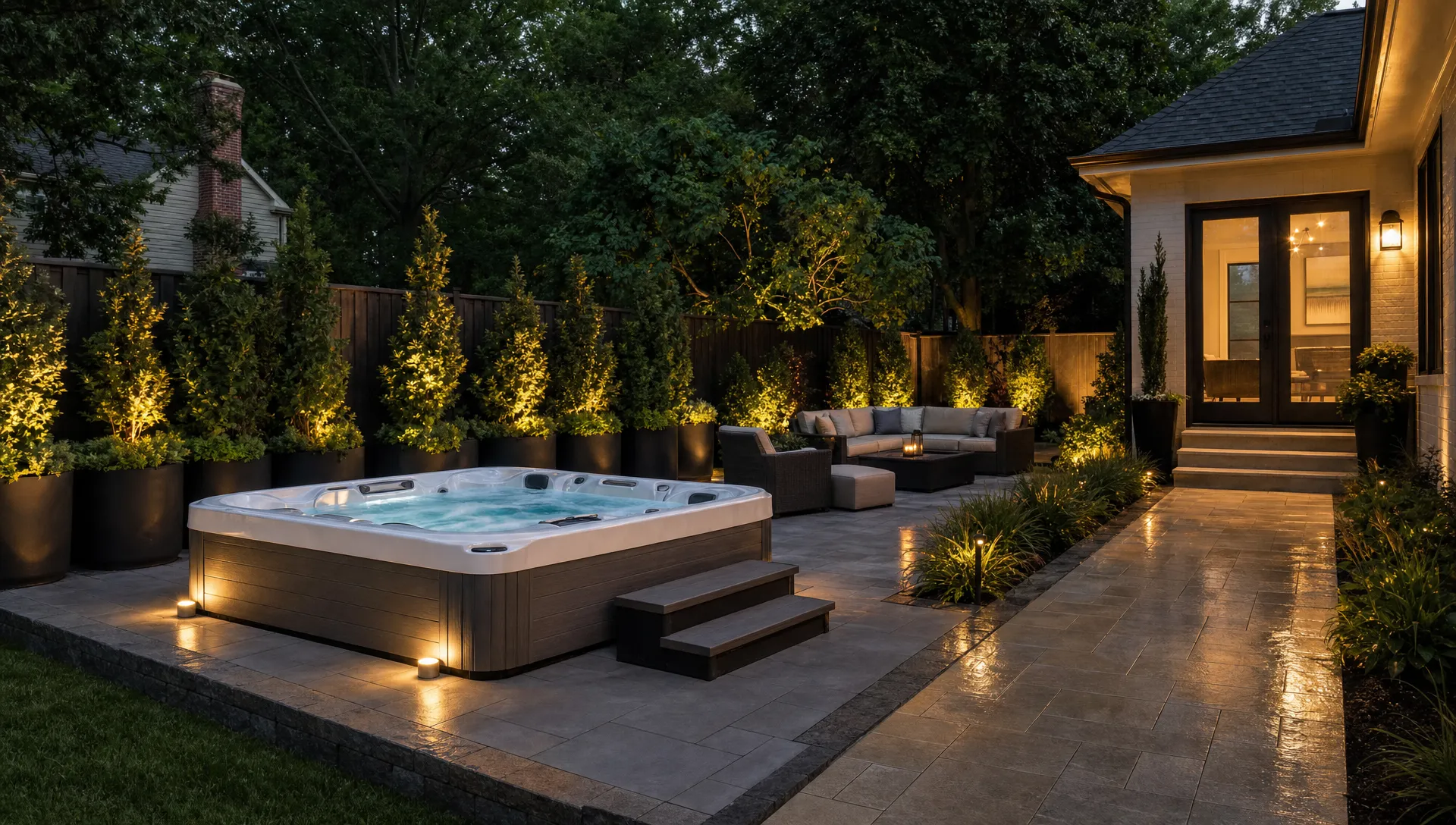 A backyard jacuzzi sits on a level stone pad with privacy planters, lounge seating, and a clear walkway from the house.
