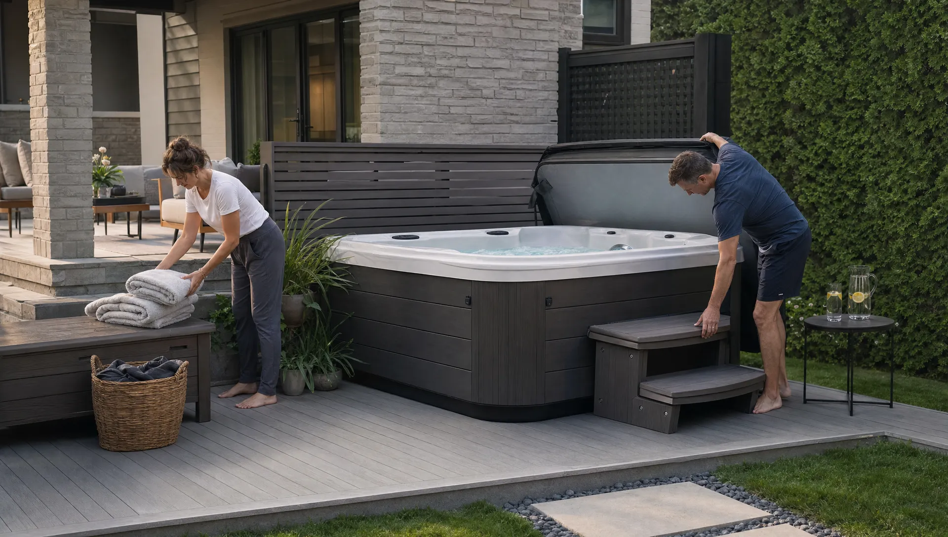 Outdoor Jacuzzi Planning Tips for a Polished Backyard — Wellness | Hearthside Supply LLC Blog Two adults prepare a backyard jacuzzi beside the patio, with towels, steps, and privacy screening around the spa.