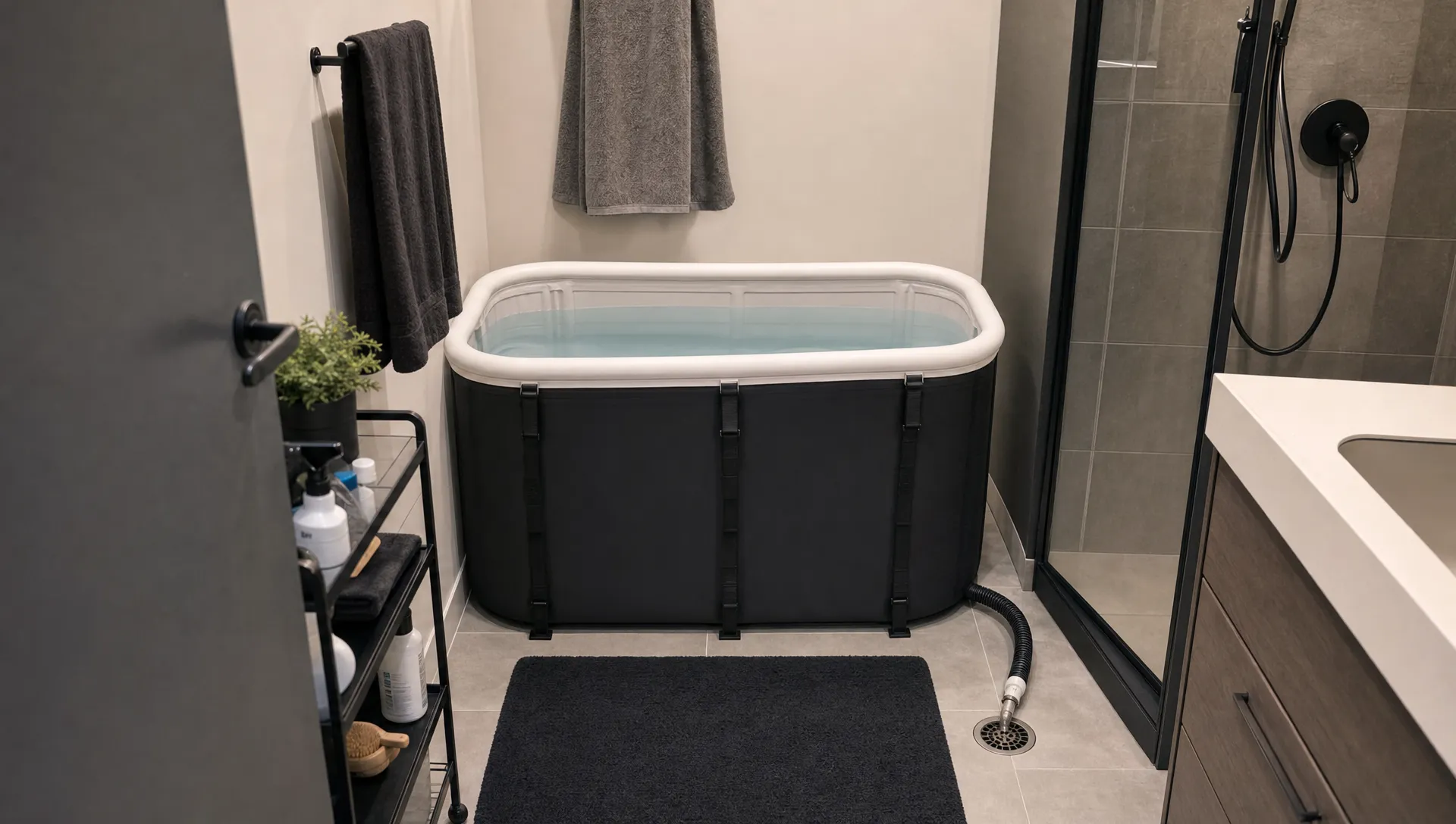 An apartment bathroom prepared for an ice bath, with a compact insulated tub, clear entry space, a secured drainage hose to the floor drain, and cleaning supplies nearby.