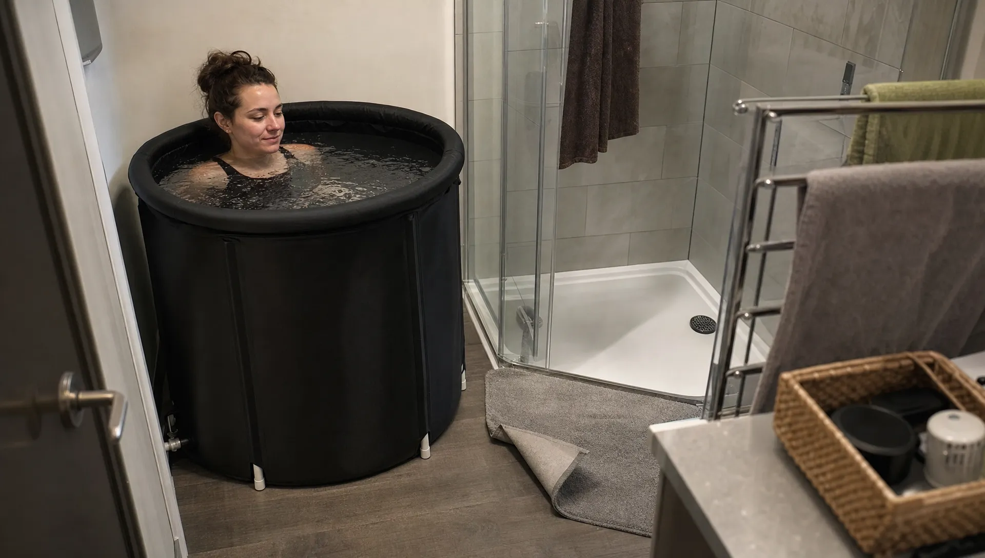 A compact cold plunge tub sits beside a shower in a lived-in apartment bathroom.