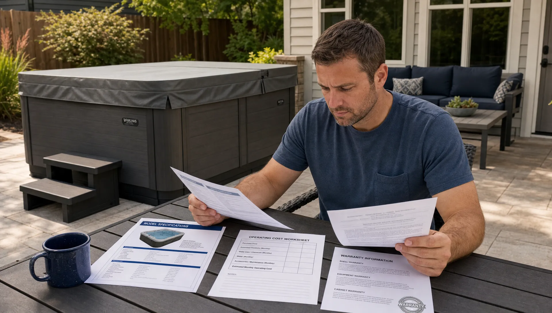 A homeowner compares hot tub reviews at a patio table beside a covered spa.