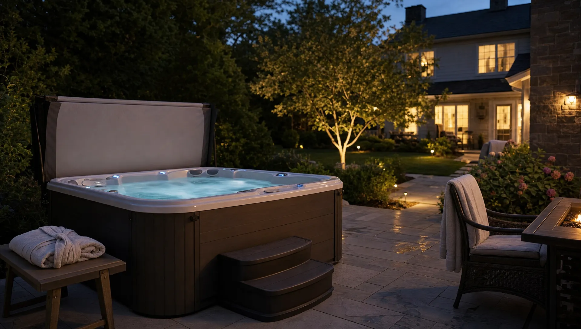 A hot tub with towels and a robe sits in a lived-in backyard at evening.