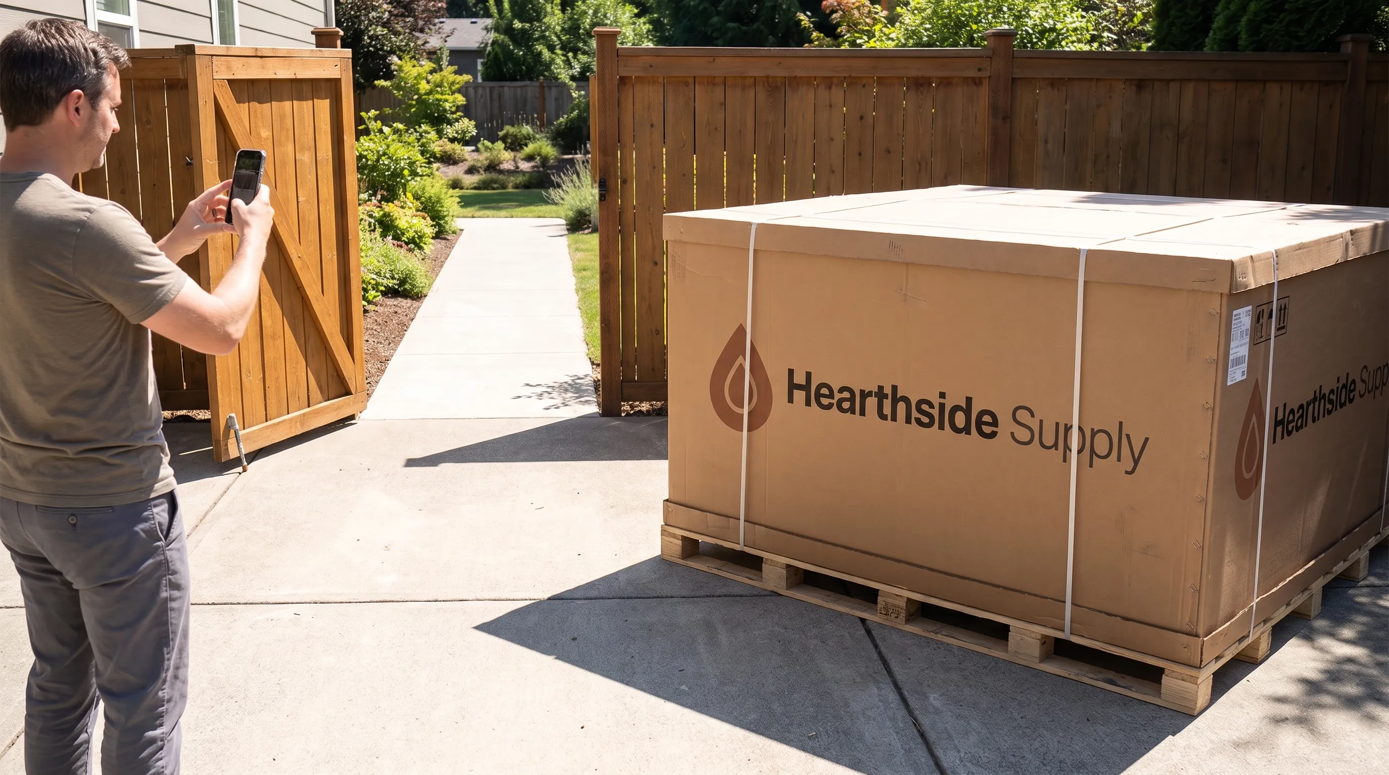 A homeowner photographs the packaged hot tub on its driveway pallet, with the open backyard gate and clear access route visible beyond it.