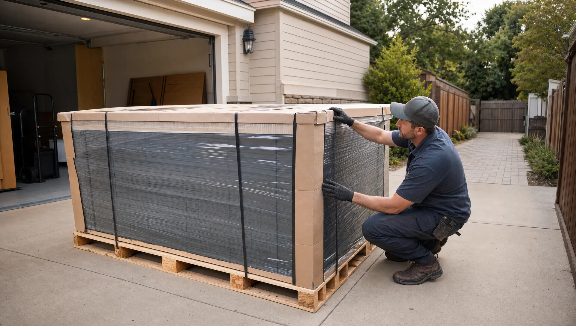 Hot Tub Delivery Service Checklist Before Your Order Arrives — Wellness | Hearthside Supply LLC Blog A delivery worker checks the corner of a crated hot tub on a driveway before it is moved toward its backyard location.