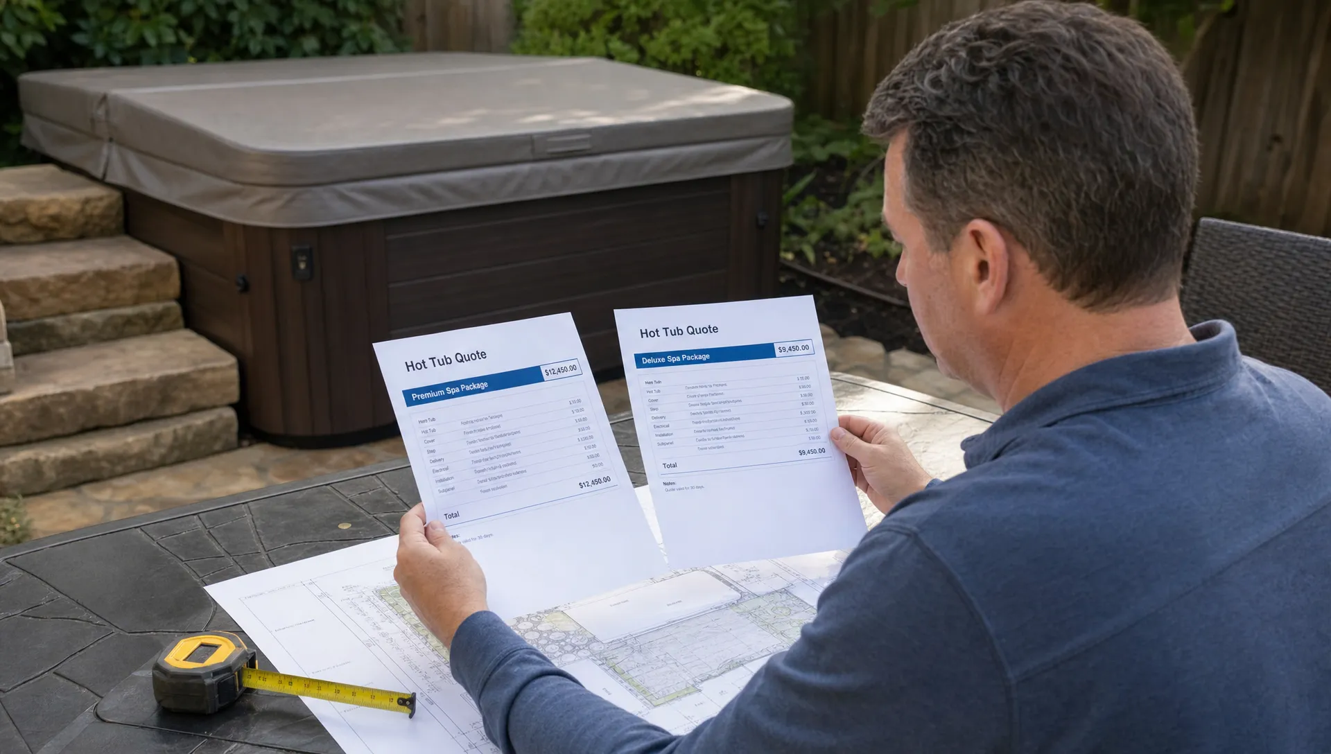 A homeowner compares two printed hot tub quotes beside a covered backyard spa, with a measuring tape and site plan on a patio table.