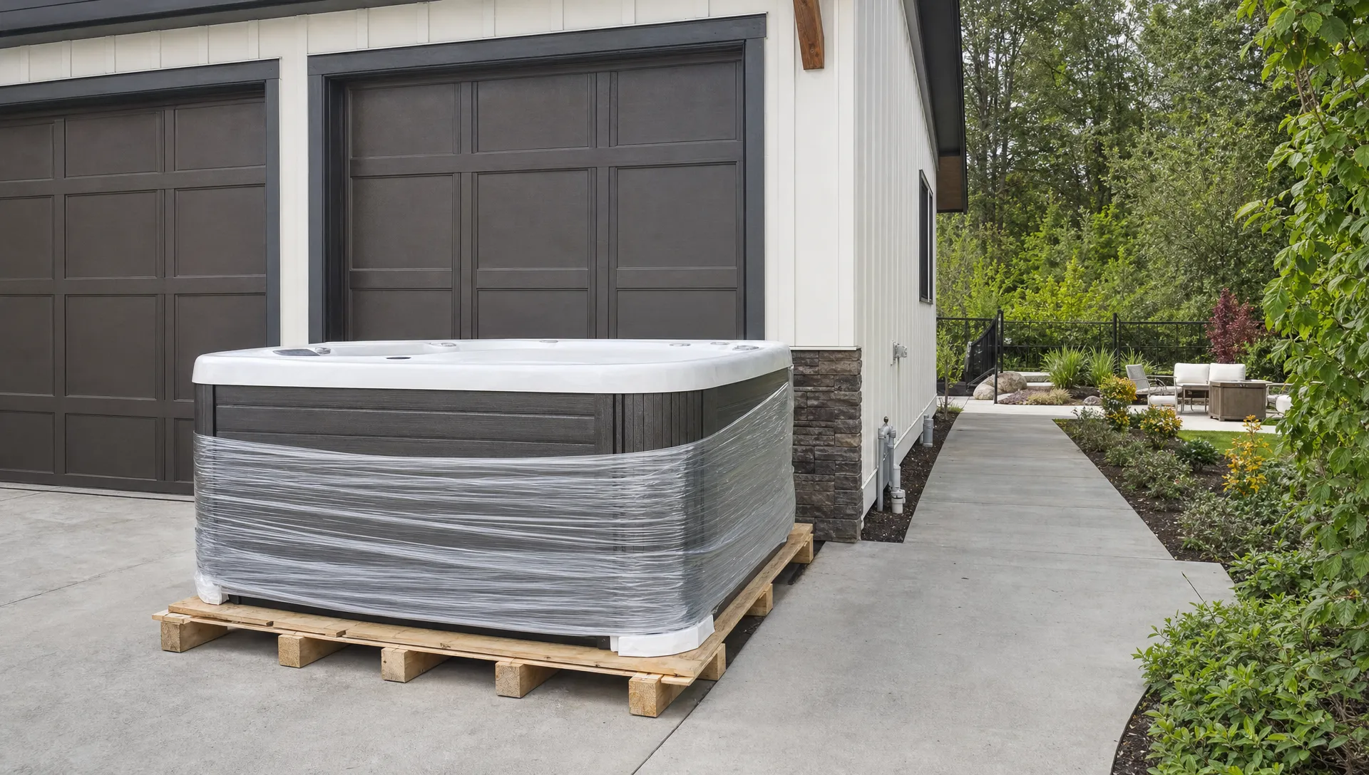 A hot tub shipment sits on a driveway beside a modern home, with a clear path to the backyard and a prepared patio area nearby.
